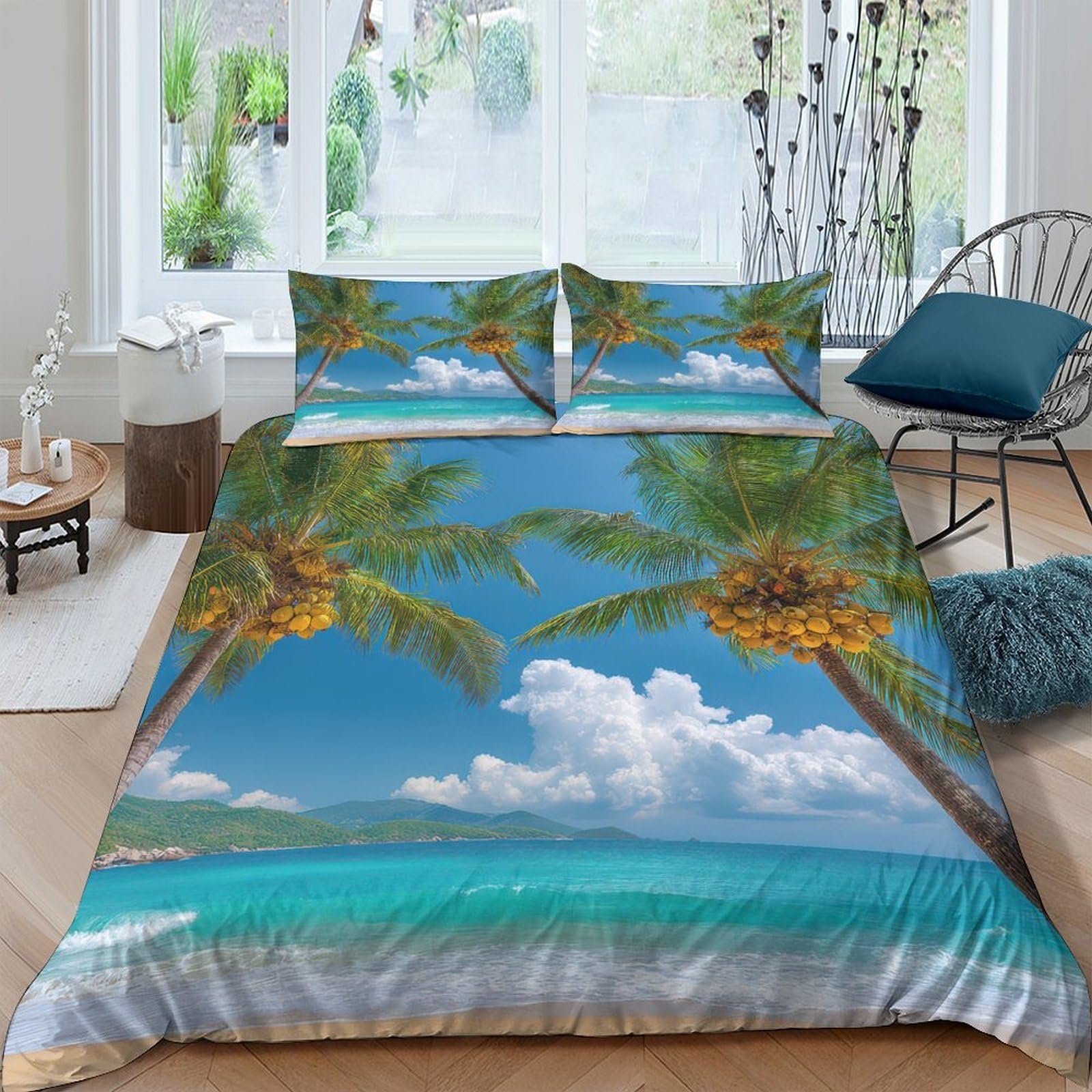 GPLZQXKJNH 3D Printed Tropical Beach Duvet Cover Microfiber Soft Palm Ocean Bedding Set with 2 Pillowcases for Bedroom Decor Single（135x200cm）