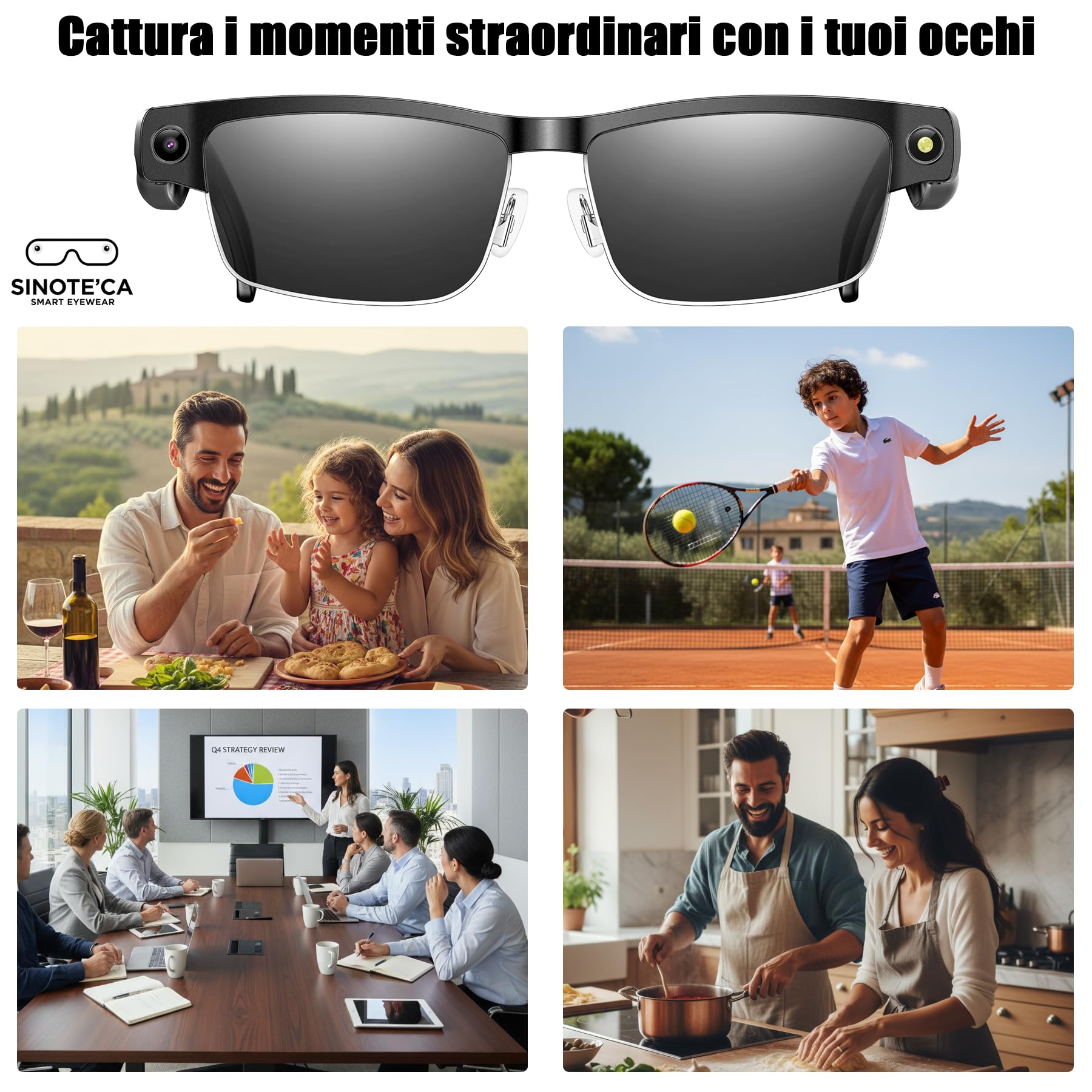 SINOTE'CA AI Smart Glasses con Telecamera 8MP, Occhiali Intelligenti Bluetooth, Occhiali da Sole con Videocamera Integrata, Traduzione in Tempo Reale, Musica Open-Ear, Microfono Dual Noise Reduction