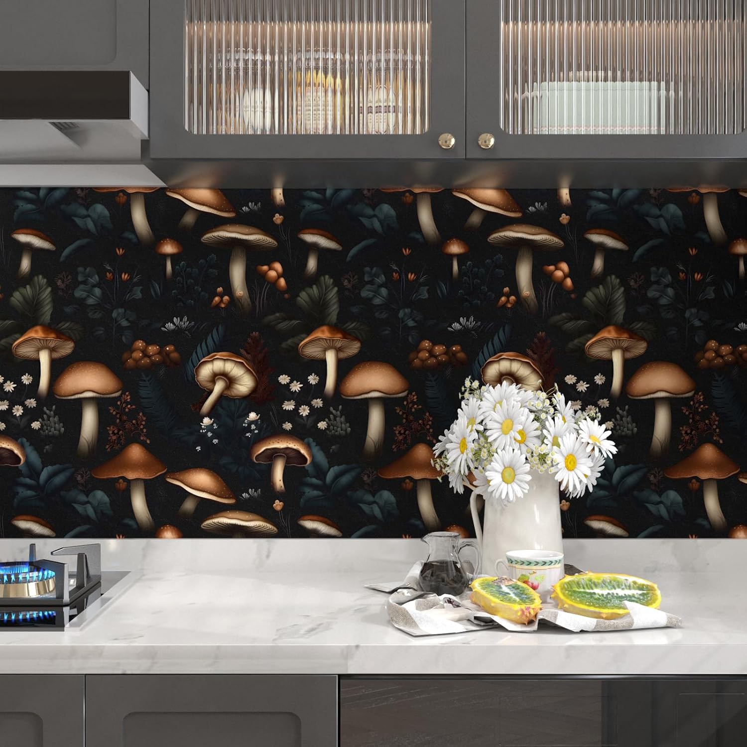 BOKEBEVE Extra Long Mushroom Contact Paper Boho Wallpaper Peel and Stick Vintage Floral Wall Paper Retro for Drawer Backsplash Cabinet Renter Friendly Home Decor Removable Black 17.5 x 393.5In