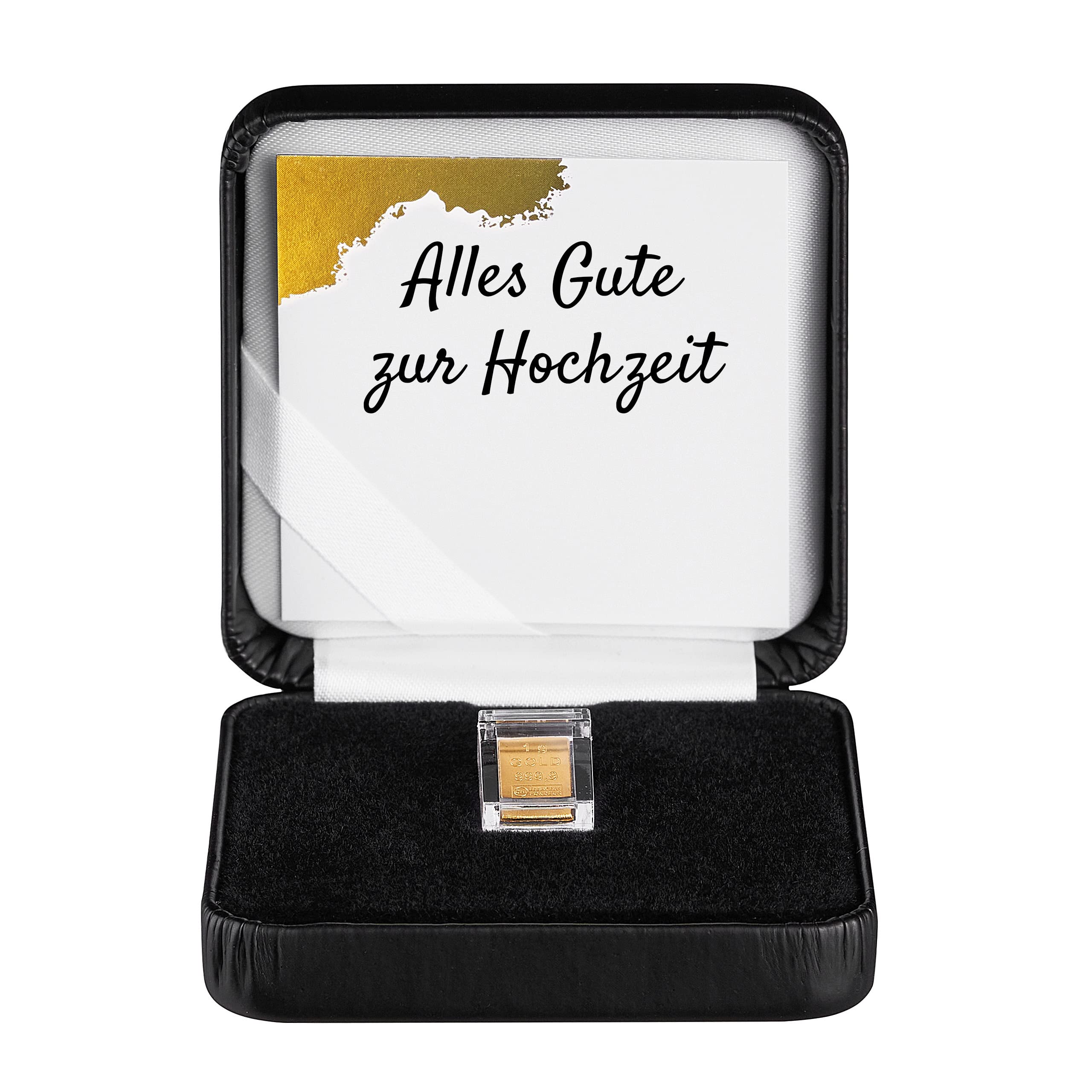 Goldstücke24 - Geschenk zur Hochzeit - Goldbarren 1g in hochwertiger Acrylglaskapsel inkl. Etui (schwarz) und Grußkarte - Gold zur Hochzeit verschenken