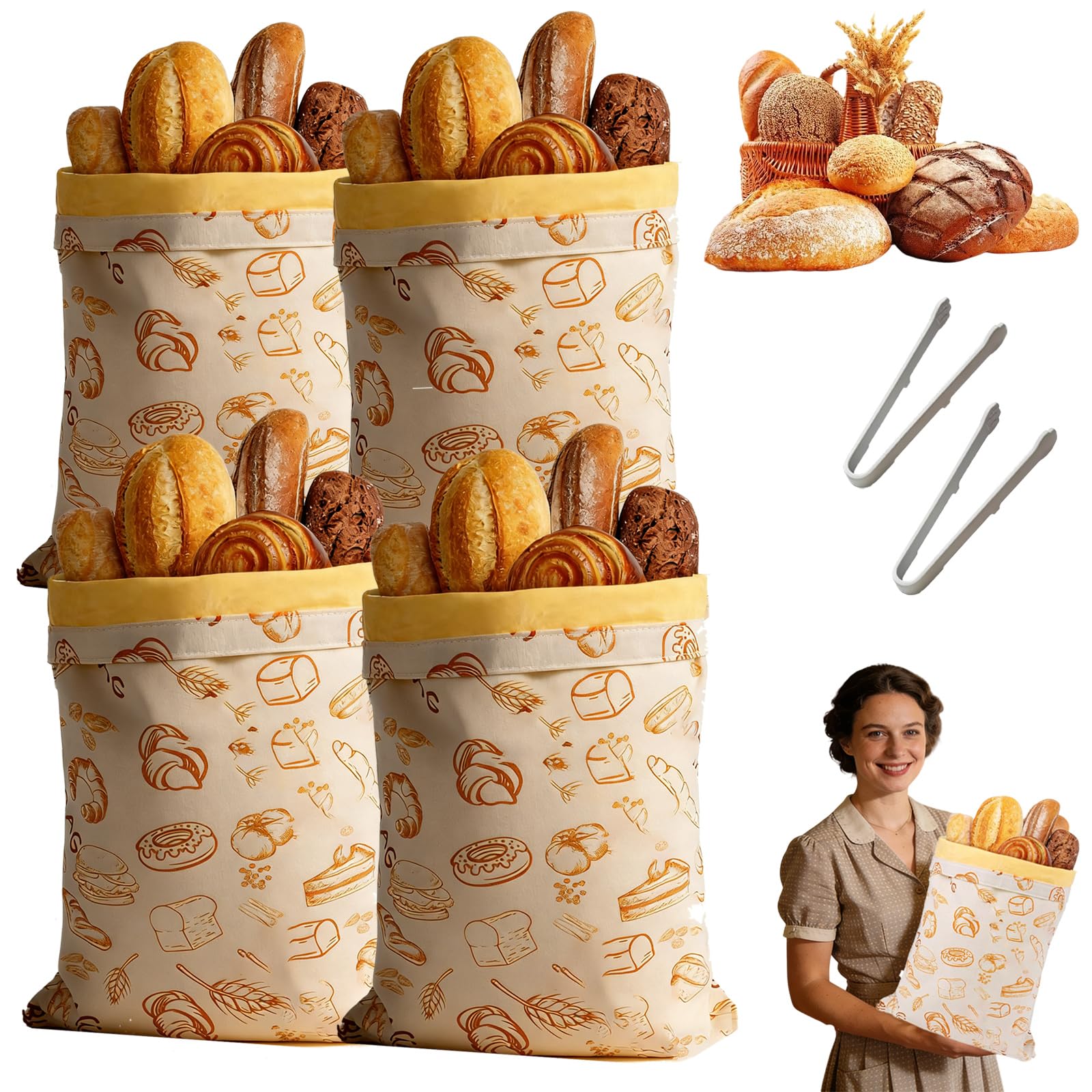 Premium-Brotbeutel Aus Baumwolle Und Bienenwachs, Bienenwachsbeutel – Wiederverwendbar, Erhältlich Mit Reißverschluss Oder Mit Knopfverschluss, Für Brot, Obst, Gemüse & Backwaren (4PCS-D)