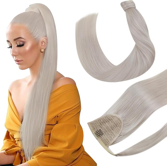 Hetto Ponytail Extensions Human Hair Clip in Ponytail Hair Extensions Real Human Hair #60 Platinum Blonde Real Wrap Around Ponytail Extensions Silky Stragiht 16 Inch 80g
