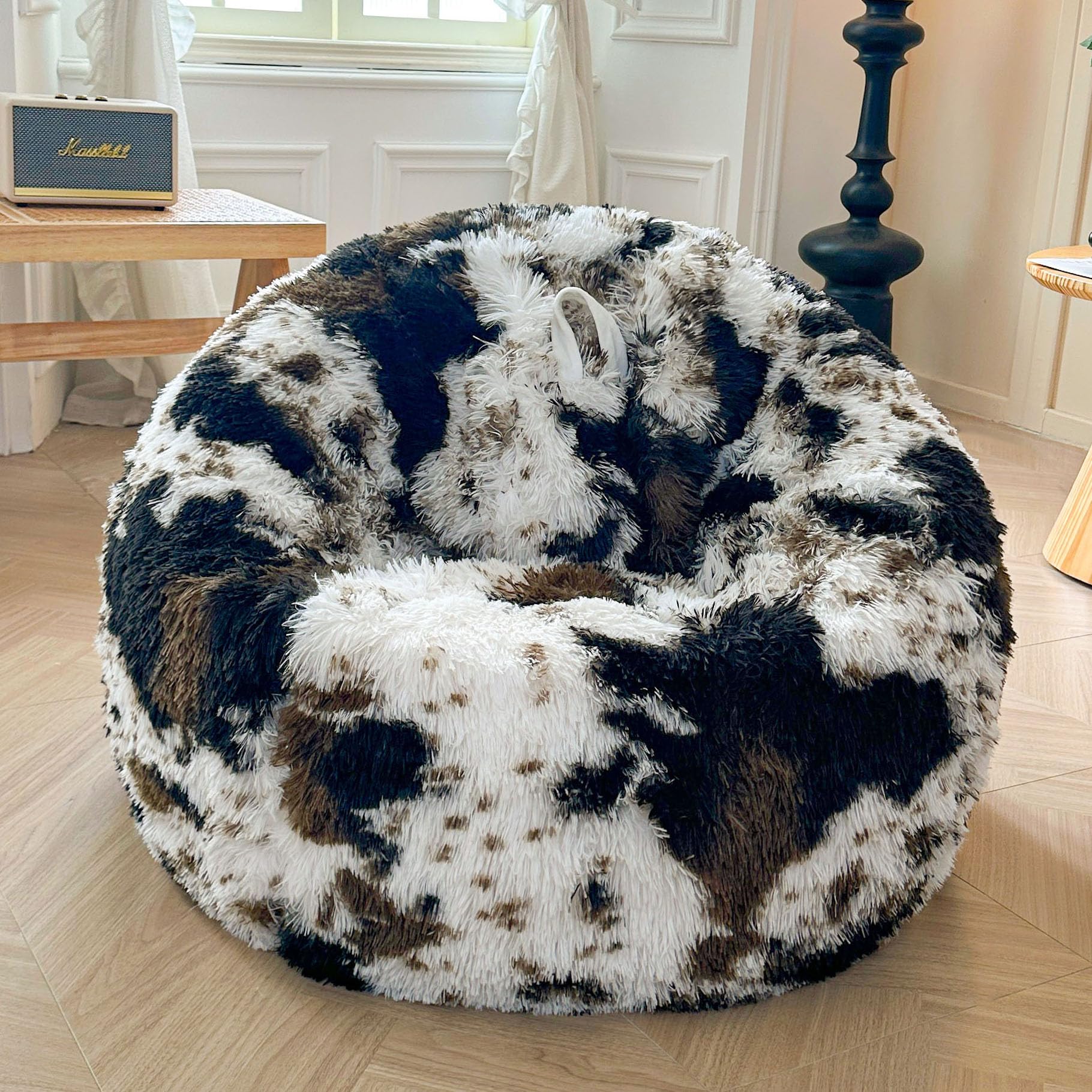 XeGe Cow Print Fluffy Bean Bag Chair Cover (No Filler), Faux Fur Brown Soft Replacement Stuffed Animal Storage Bean Bag Cover for Toys, Plush Shaggy