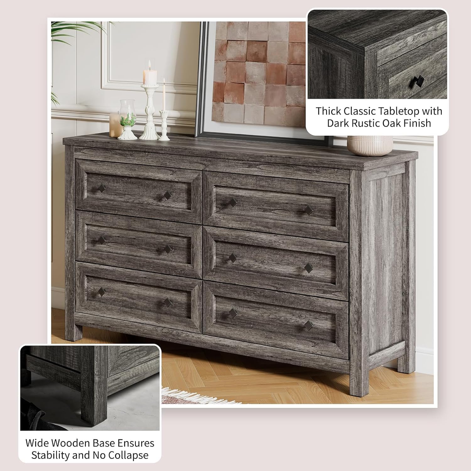 5-Piece Farmhouse Bedroom Set, 1 X Queen Size Bed Frame, 1 X 5 Drawer Dresser, 1 X Wood Rustic 6 Drawer Storage Dresser, Nightstand Set of 2 with Charging Station, Bedroom Furniture Set, Grey