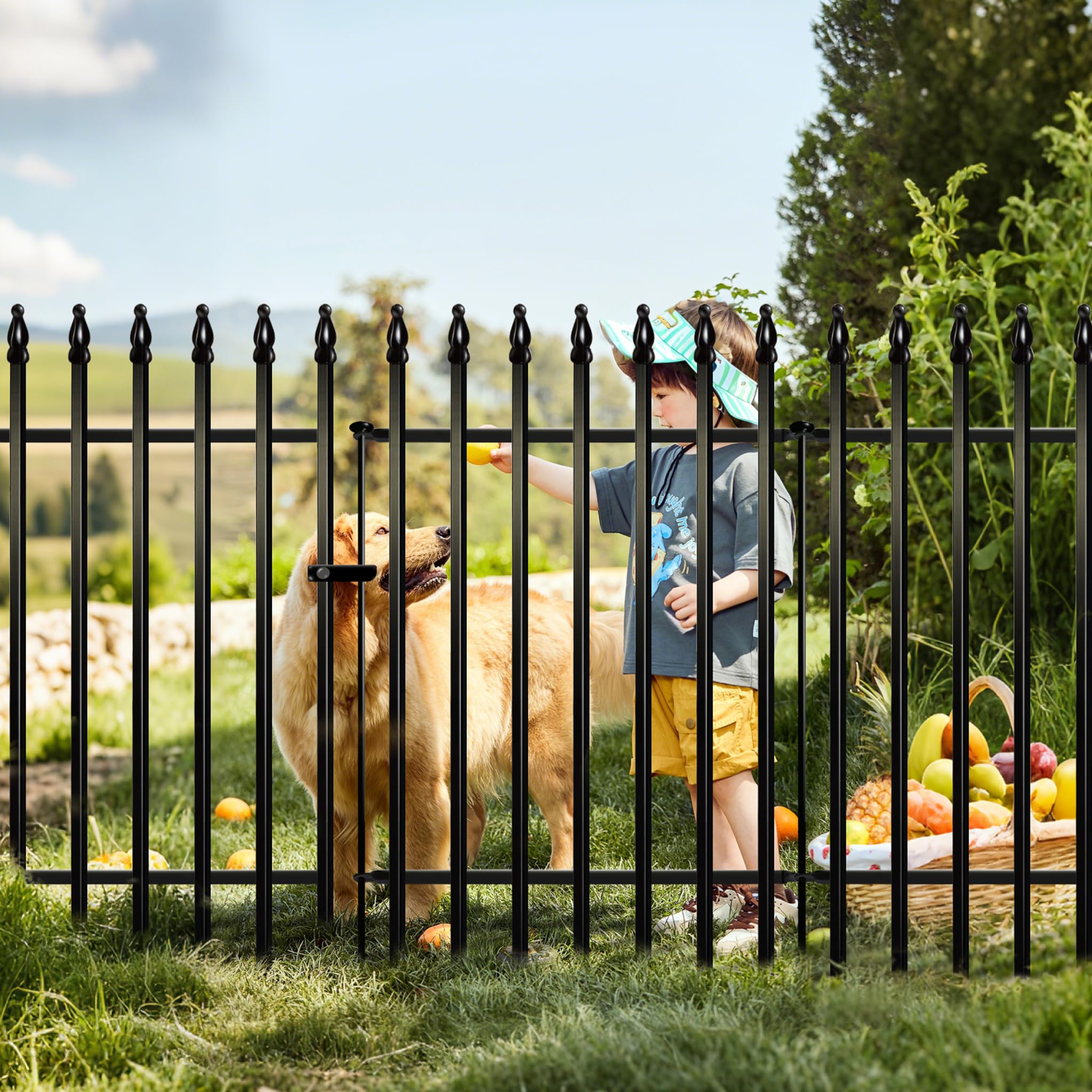 Thealyn - Clôture de jardin en métal décorative 106 cm de haut x 76 cm de large (4 panneaux + 1 portail, longueur totale 3,8 m) Clôture de paysage pour chien sans creuser pour parterre de fleurs