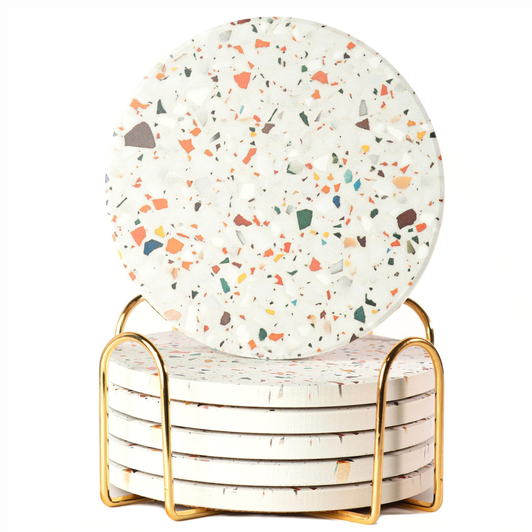 Terrazzo Drink Absorbent Coasters with Holder Set of 6, Ceramic Coaster for Drinks, Coffee Table Decor, Water Absorbing Stone Coaster for Drinks (Marble)