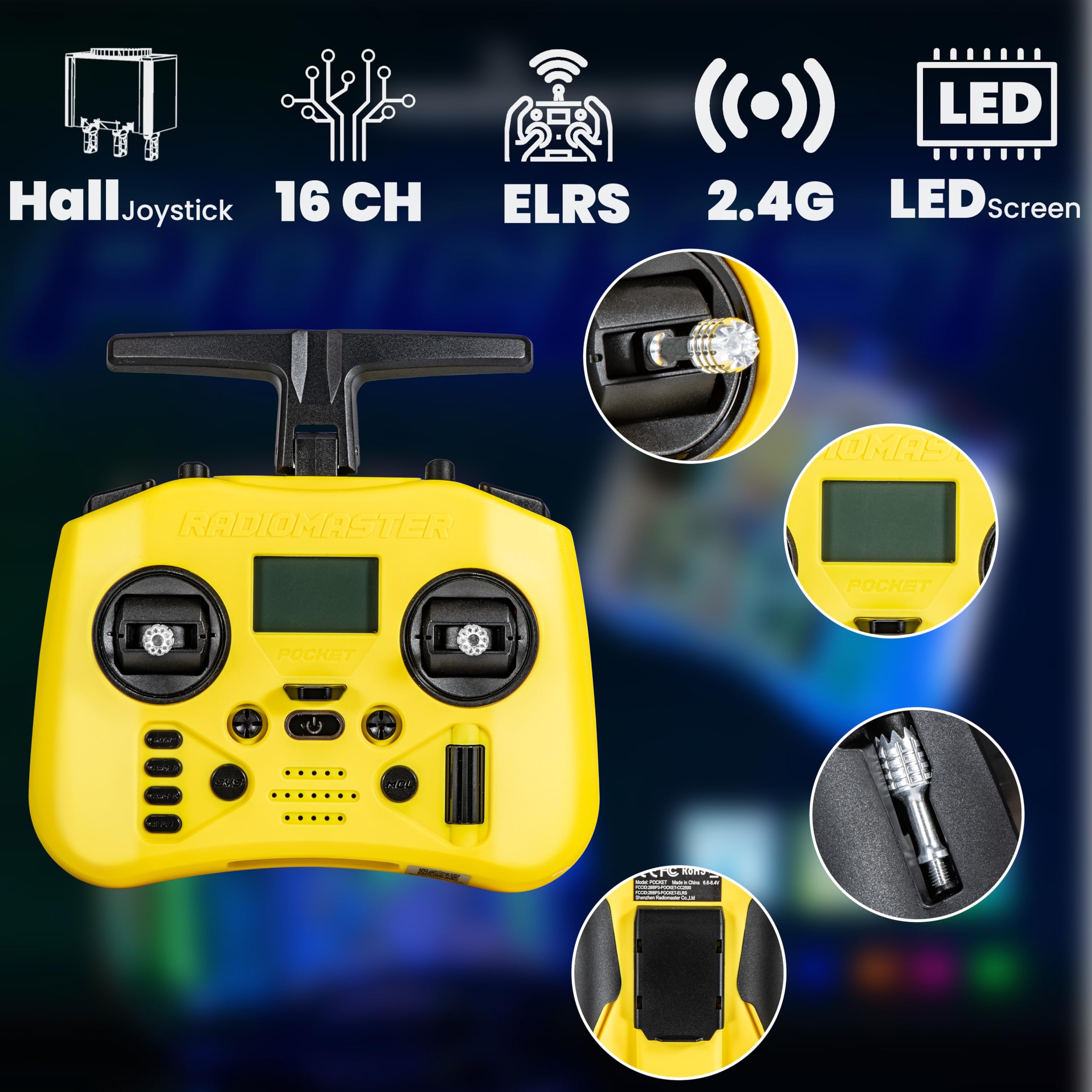 Radiomaster Pocket Hall Gimbal EdgeTX Émetteur Télécommande Portable Léger Lumière LED Intégrée Antenne Pliable (Jaune)