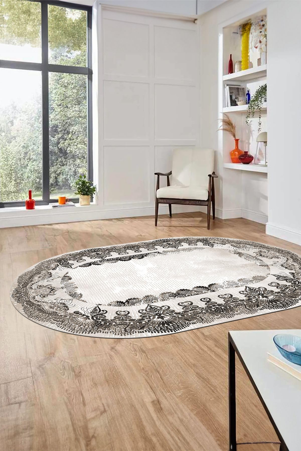 Evdeya Baskılı Kaymaz Yıkanabilir Renkli Klasik Desen Oval Yolluk Salon Halısı O-KLASİK-08, Vizon, 40 x 60