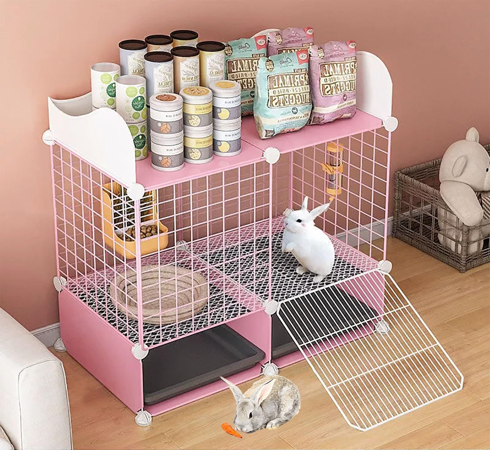 Meerschweinchenkäfig, Frettchenkäfig, Kleintierkaninchenkäfig, Meerschweinchenkäfig Mit Stauraum, Dickes Drahtgeflecht,(Pink,75 * 39 * 65cm)