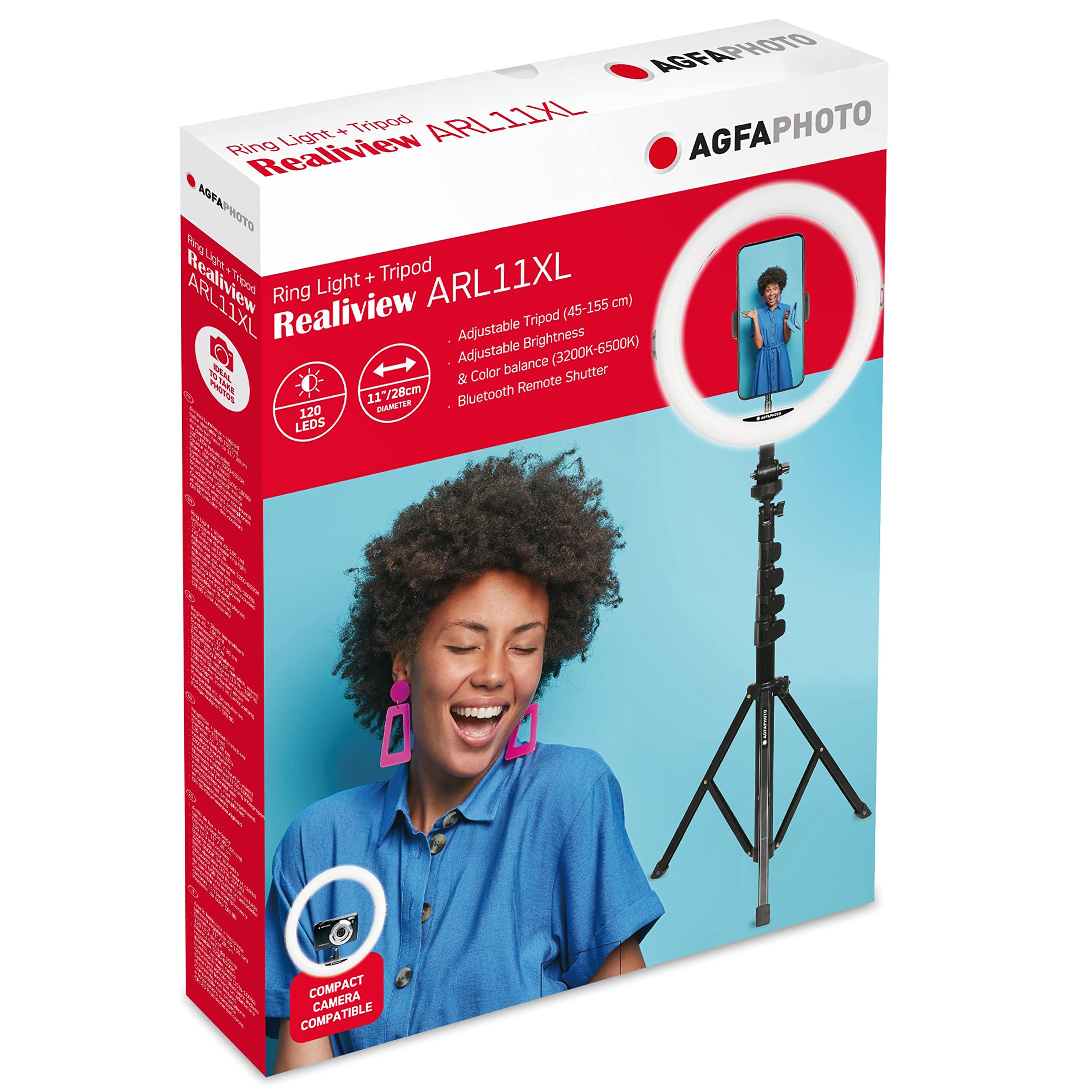 AgfaPhoto Realiview ARL11XL 11" LED Ring Light with Tripod 45-155 cm for Video Photo Smartphone
