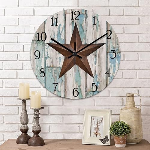 Tollyee Reloj de pared clásico con diseño de estrellas del oeste de Texas, reloj de madera sin tictac, funciona con pilas, fácil de leer, moderno