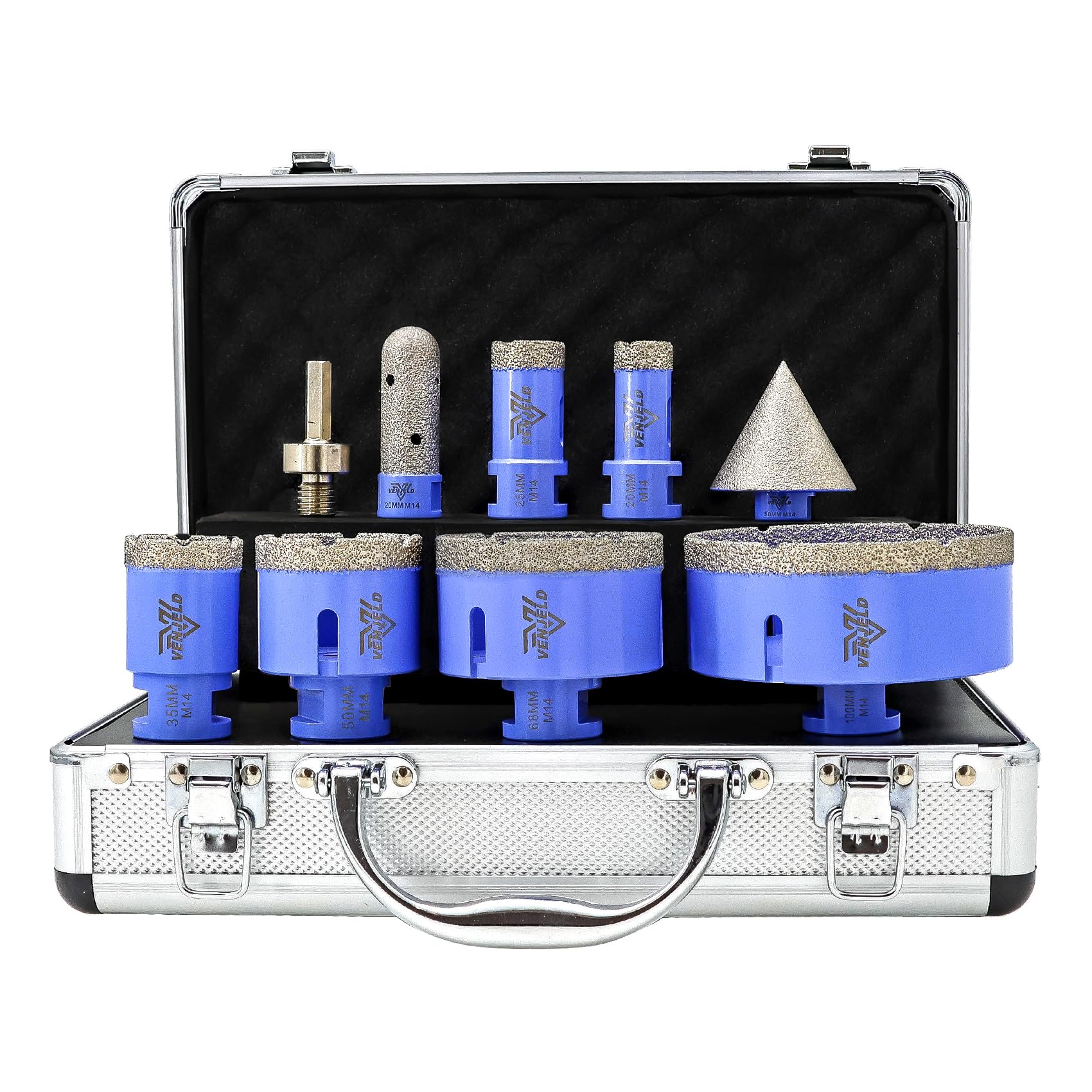 Set Punte Trapano Diamantate 9 Pezzi - 20/25/35/50/68/100mm Sega a Tazza, 20mm Punta di Fresatura, 50mm Punta per Smussare e Adattatore per Piastrelle Porcellana Ceramica Granito Marmo VENJELD