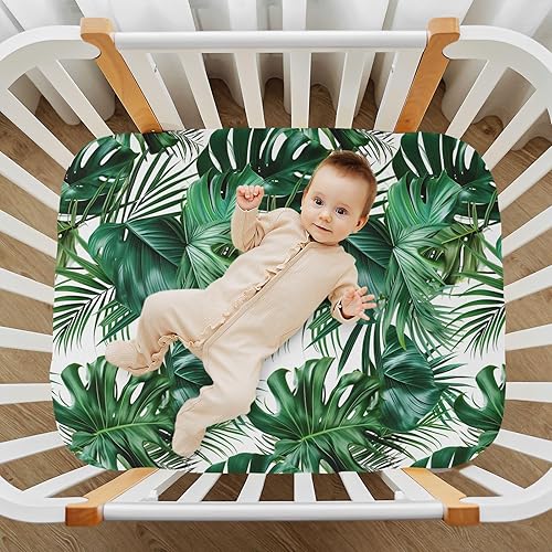 Miniatura 7 de Kigai Fitted Crib Sheet for Boys Girls,Green Palm Leaves Jersey Knit Baby Sheet for Standard Crib and Toddler Bed Mattresses, Cozy Soft Breathable,