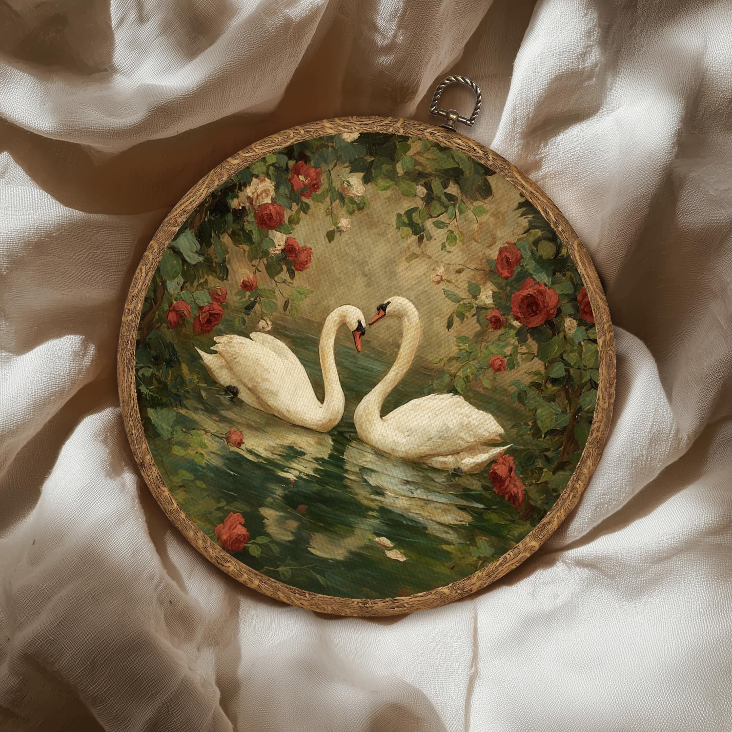 Vintage Swan Wall Art, Retro Animal Linen Matte Finish Print,Farmhouse Swans Round Frame Hanging Decor for Bedroom,Living Room,Valentine's Day and Mother's Day Gifts for Women 10''x10'' (White-Swan02) image 4
