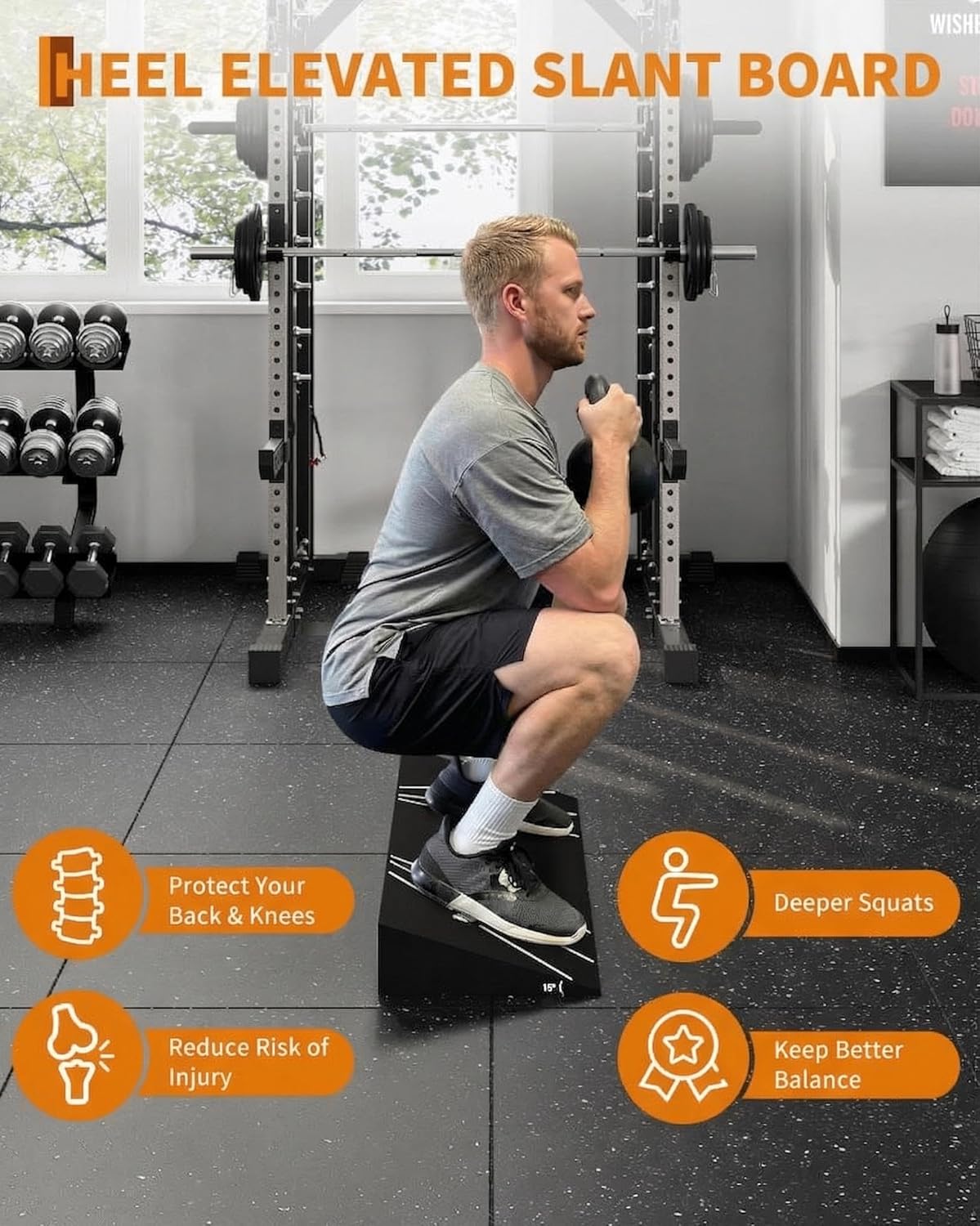 Squat Ramp Block 15° Heel Elevated Slant Board for Squats, Knees over Toes, Weightlifting & Calf Stretch, 1000lb Capacity Non-Slip One-Piece Squat Ramp, Home Gym Fitness Accessory for Men Women