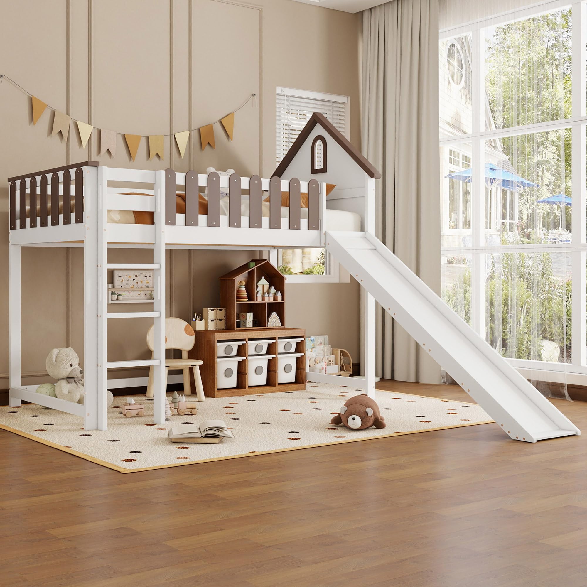 Hochbett Kinder 90x200 cm Hausbett mit Dreistufiger Gerader Leiter und Kinderrutsche, Hausförmiges Bett mit Dach und Fenster, Gitterschutz und Lattenrost, Kiefer+MDF, Weiß+Walnuss