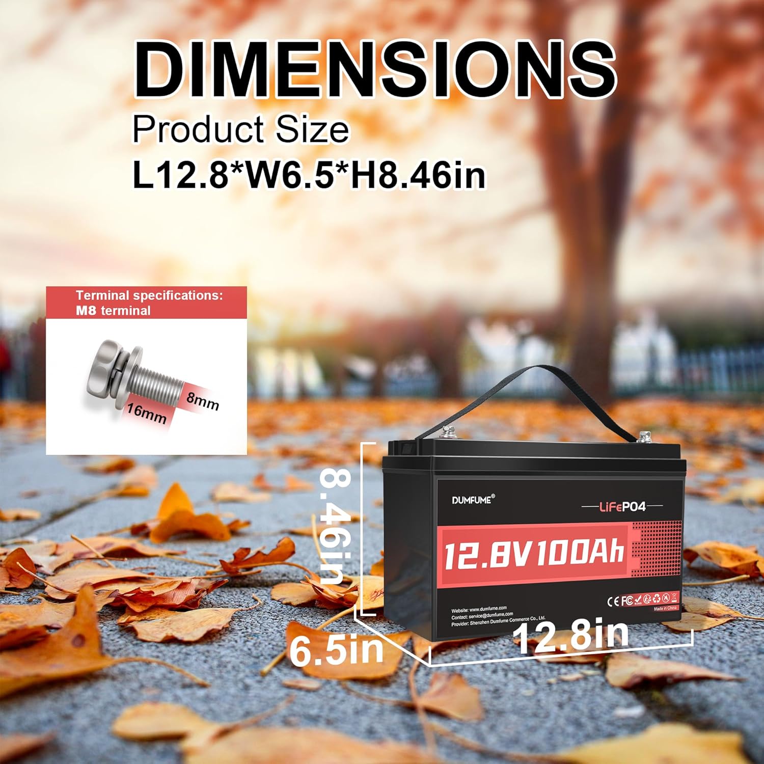 Dimensions of the Dumfume 12.8V 100Ah LiFePO4 battery.
