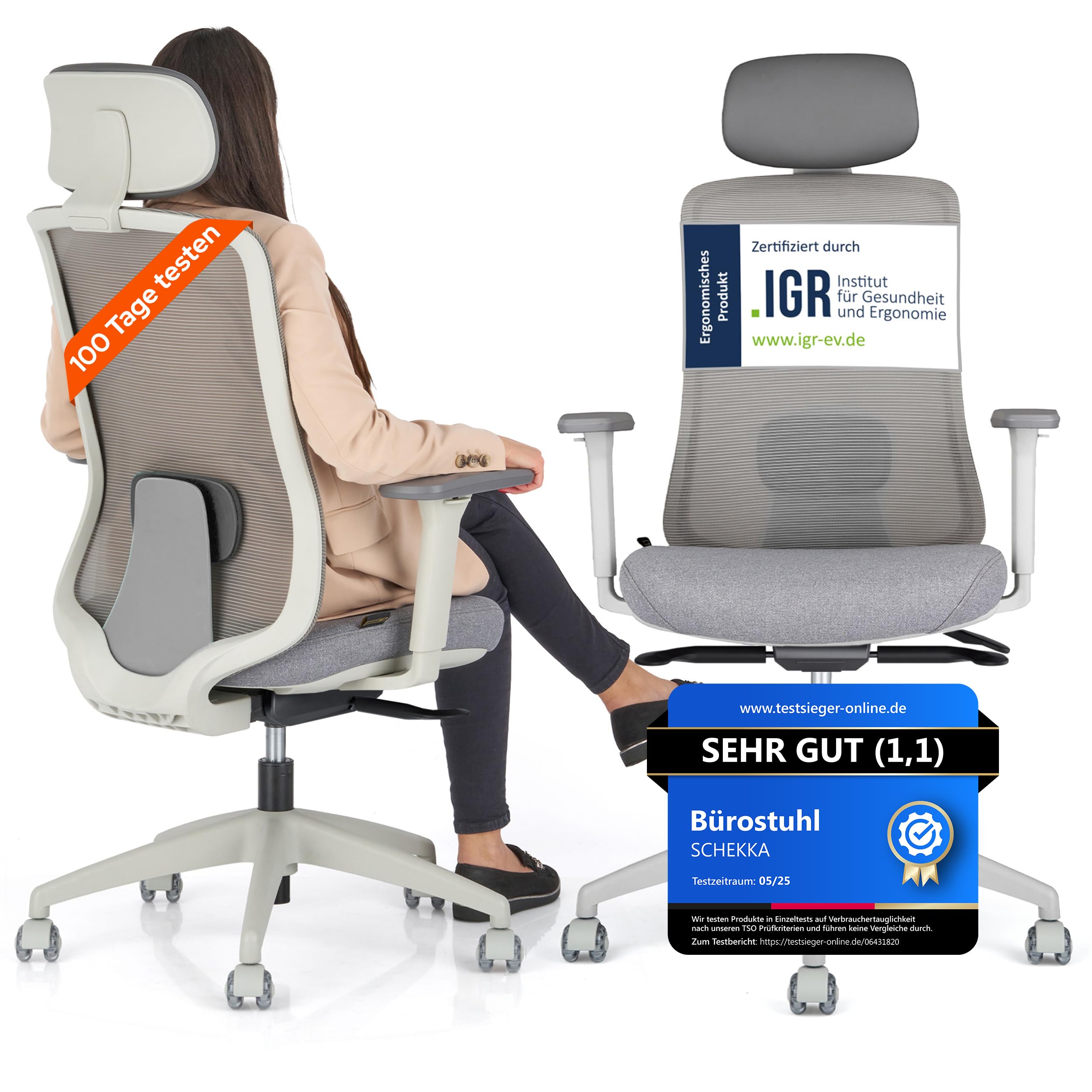 ergonomisches schreibtischstuhl mit 100% individueller justierbarkeit 150 kg gewichtsfähig grau