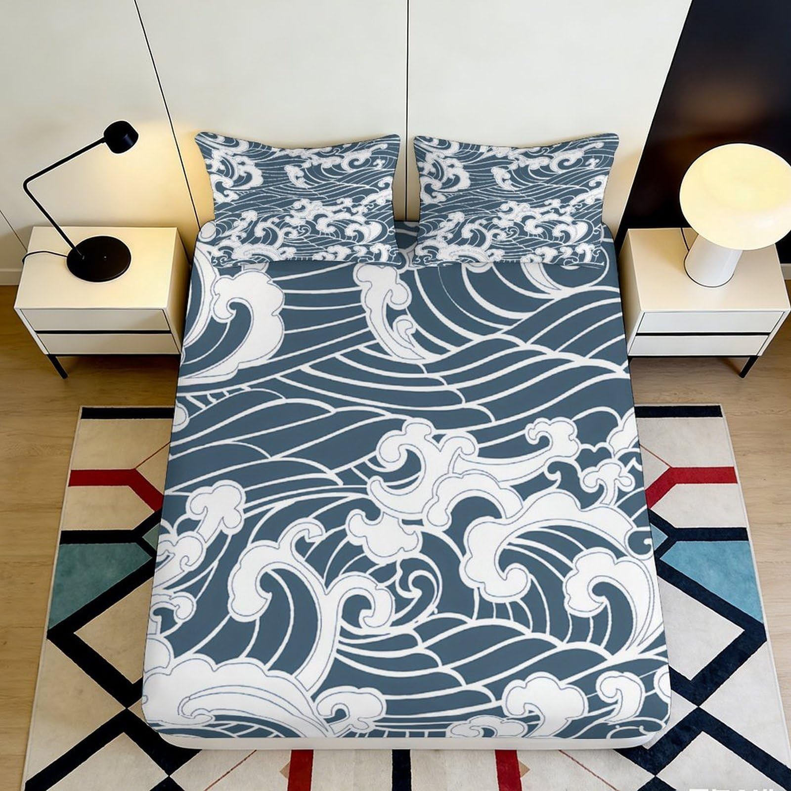 3D Printed Ocean Waves Fitted Sheet Microfiber Soft Breathable Sea Wave Bed Cover for Bedroom Dormitory Guest Room Mattress Protection Decor 160x200x25cm