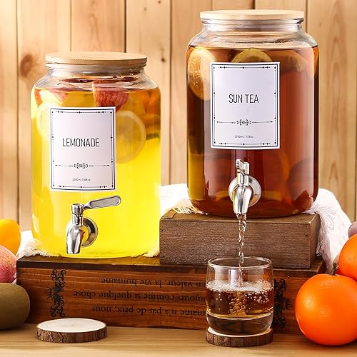 Miniatura 2 de Dispensador de bebidas de vidrio, 2 dispensadores de bebidas para fiestas, dispensador de bebidas con tapa de bambú y espita de acero inoxidable a