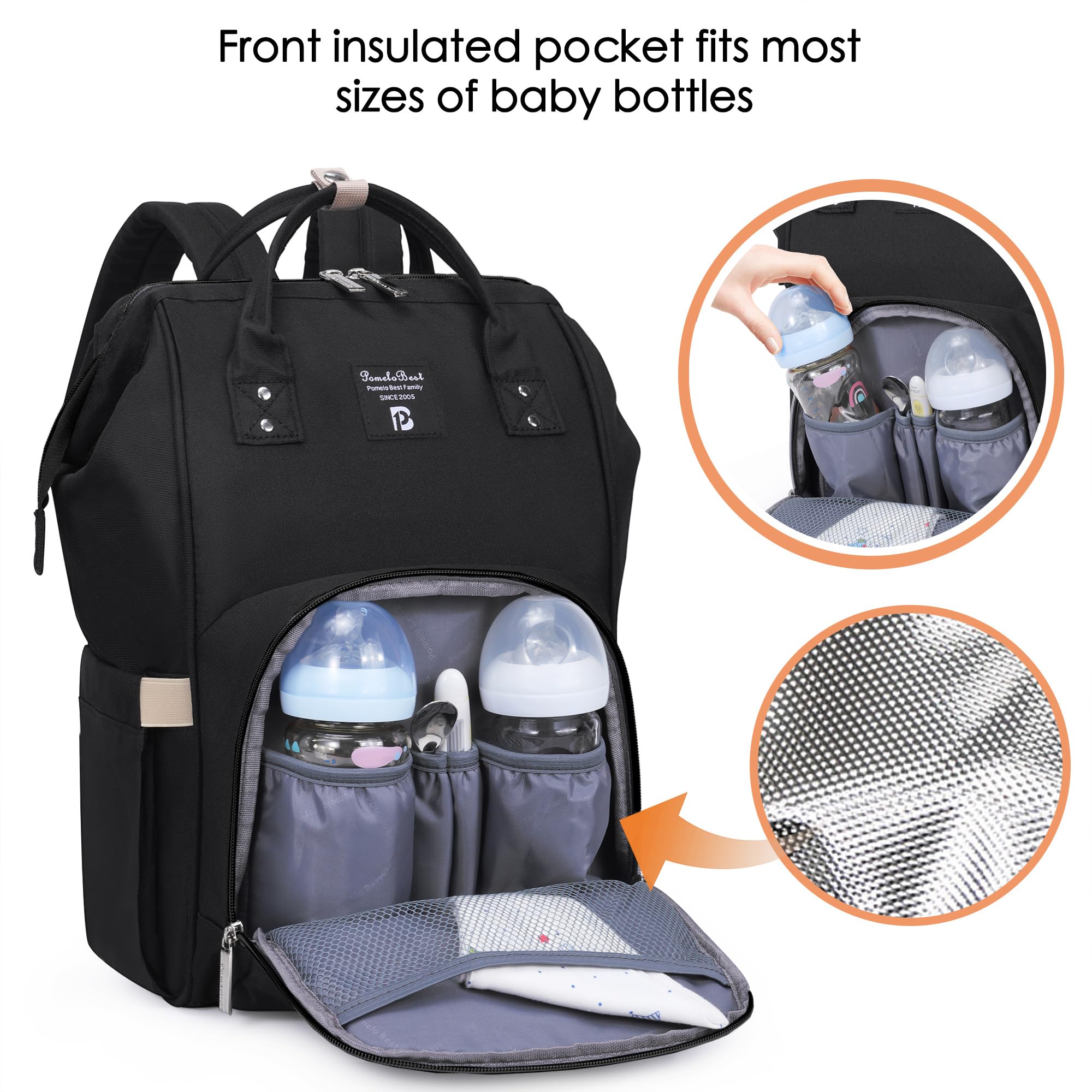 Pomelo Best Zaino Mamma neonato Fasciatoio Bambino impermeabile Borsa Nappy Stoffa Oxford Grande capacità con Materassino fasciatoio, 2 tasche isolanti bottiglia per Viaggiare mamma papà, Nero