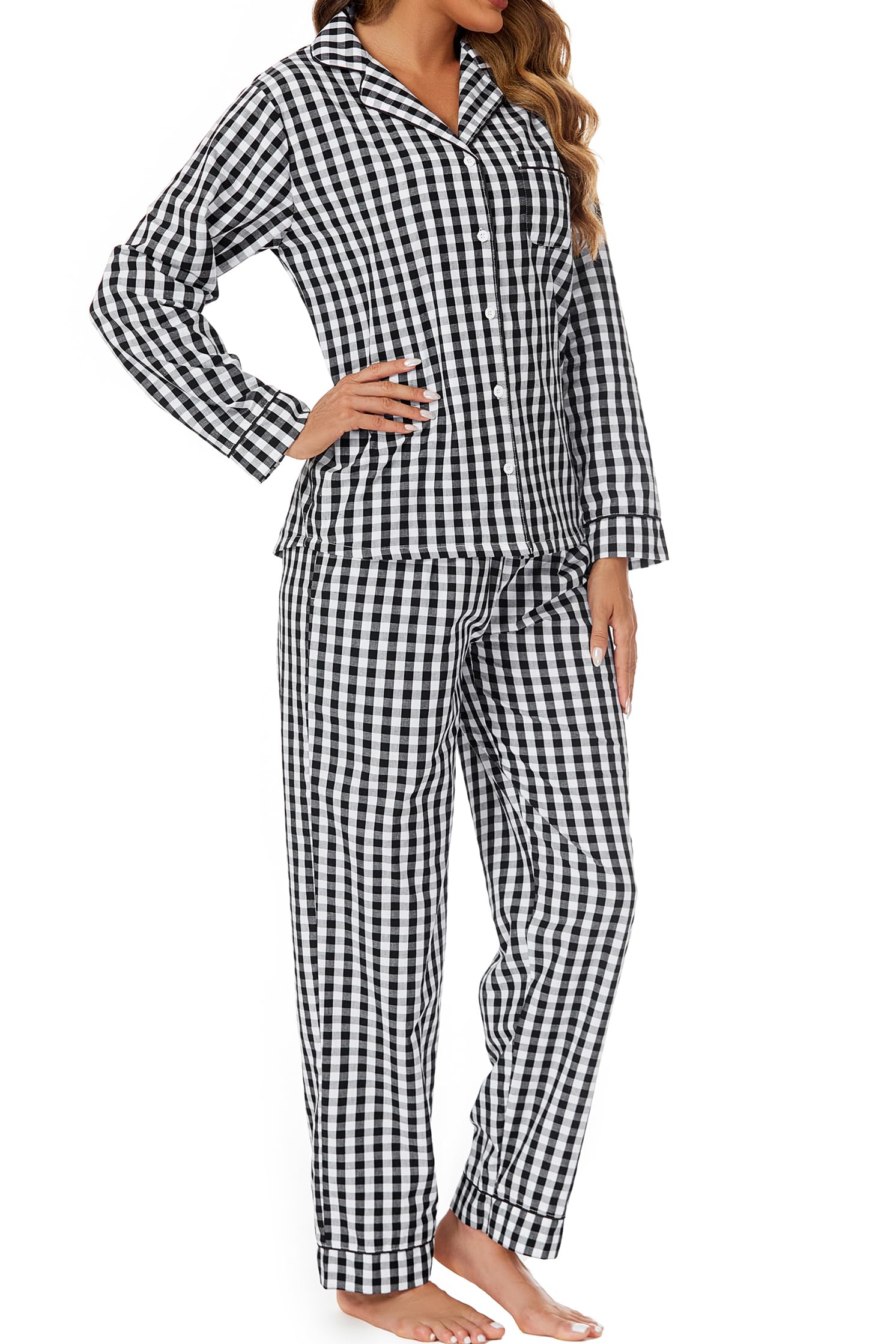 Pijama de 2 piezas para mujer, 100 % algodón, con botones, manga larga, estampada, suave, tallas S-XXL