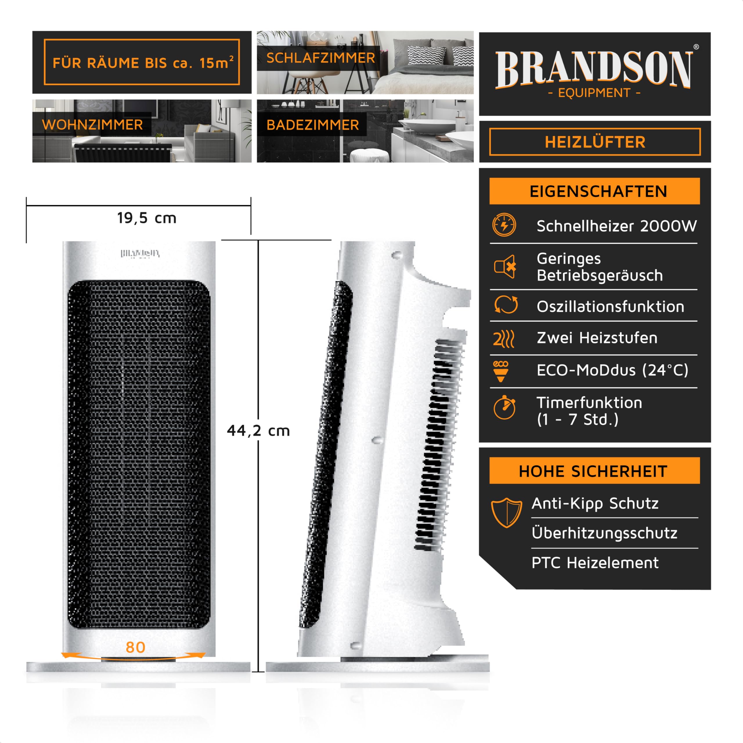 Brandson Heizlüfter 2000 Watt mit Fernbedienung Thermostat Oszillation leise