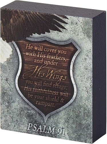 Dicksons Placa de madera con texto en inglés "He Will Cover You with His Feathers Shield" (Escudo de plumas de 3 x 4 pulgadas)