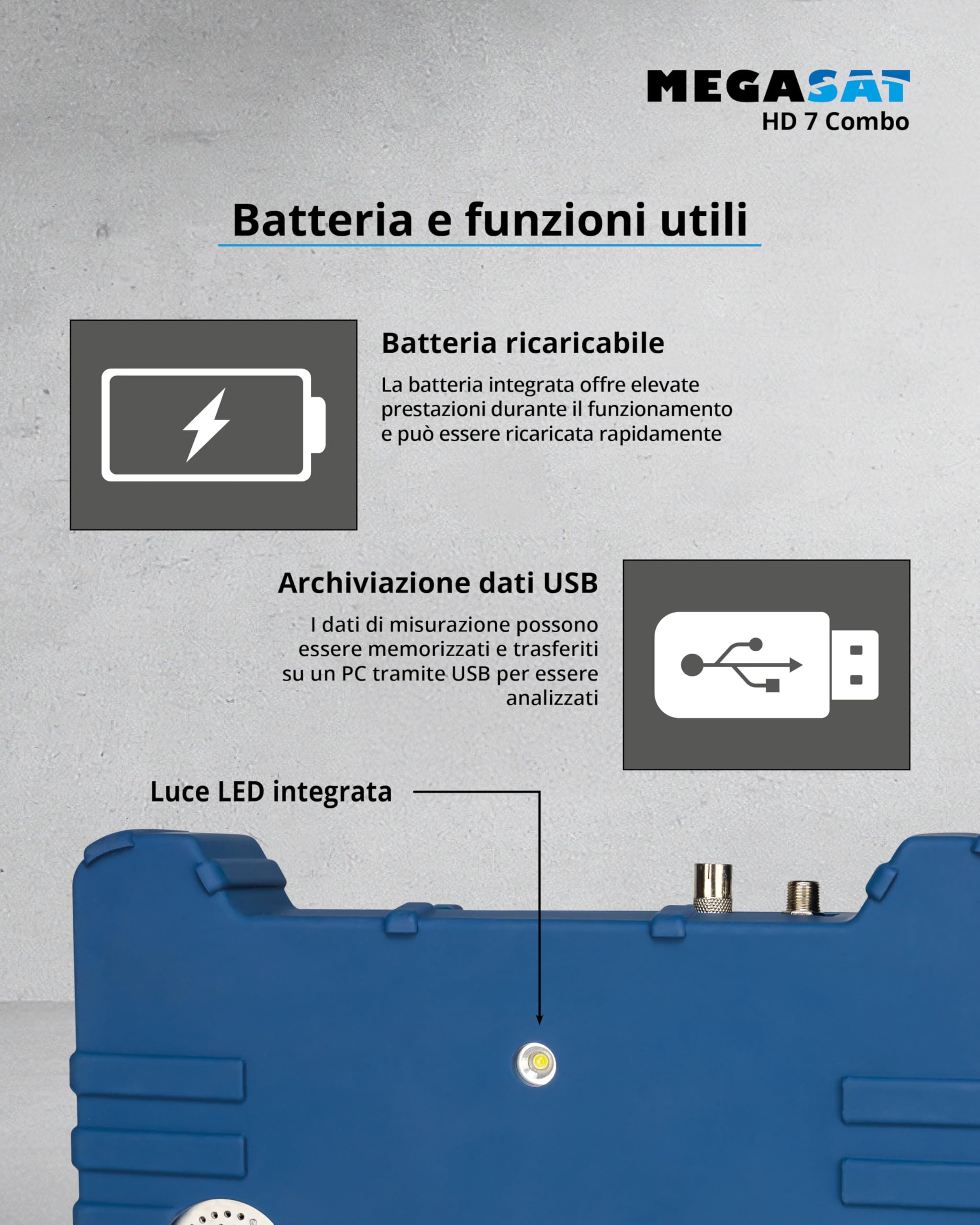 Megasat HD 7 Combo – Misuratore (per DVB-S, DVB-S2, DVB-T, DVB-T2, DVB-C, DAB+, Live-TV Bild, Unicable, display a colori da 8,9", batteria, lampada)