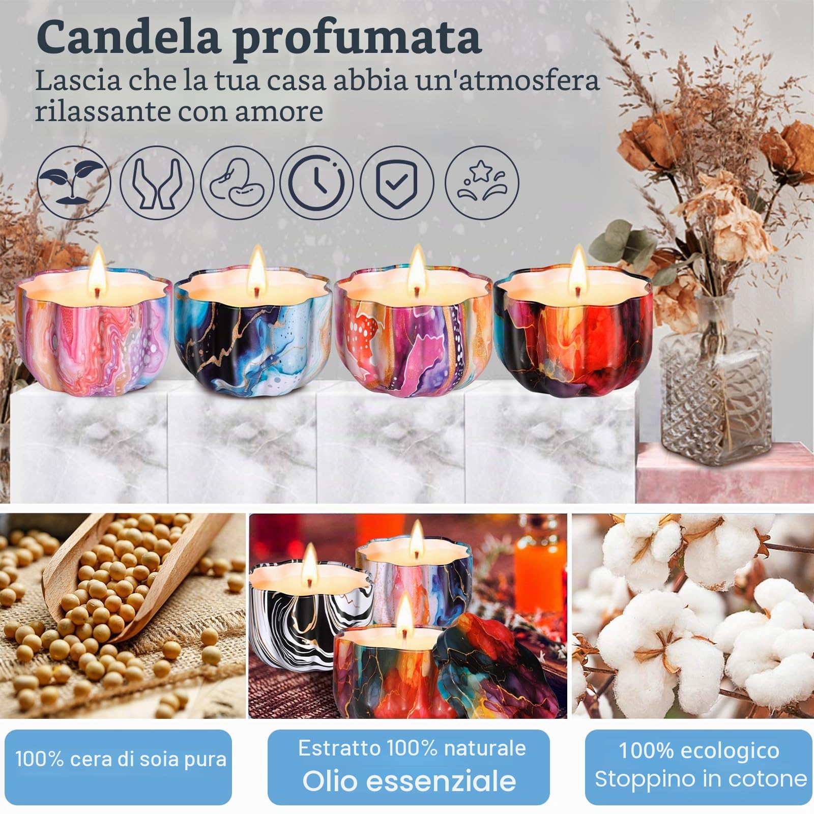 NEMMXUB Kit per Fabbricazione Candele,Kit per Candele Fai da Te,Kit per Fusione Cera per Principianti DIY Set Regalo con Cera di Soia,8 Candele Barattoli,8 Coloranti,3 Stampo in Silicone,30 Stoppini