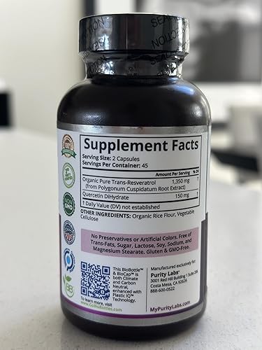 Miniatura 4 de Purity Labs Pure Organic Trans-Resveratrol - Suplementos veganos para corazón, piel, cabello, uñas - Suplemento antioxidante antienvejecimiento - 90