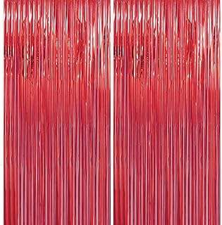 2 Pack 3.2 ft x 9.8 ft Red Tinsel Curtain Party Backdrop - Metallic Foil Tinsel Fringe Backdrop Door Fringe for Halloween, Christmas, Birthday Graduation Wedding Party Photo Backdrop.