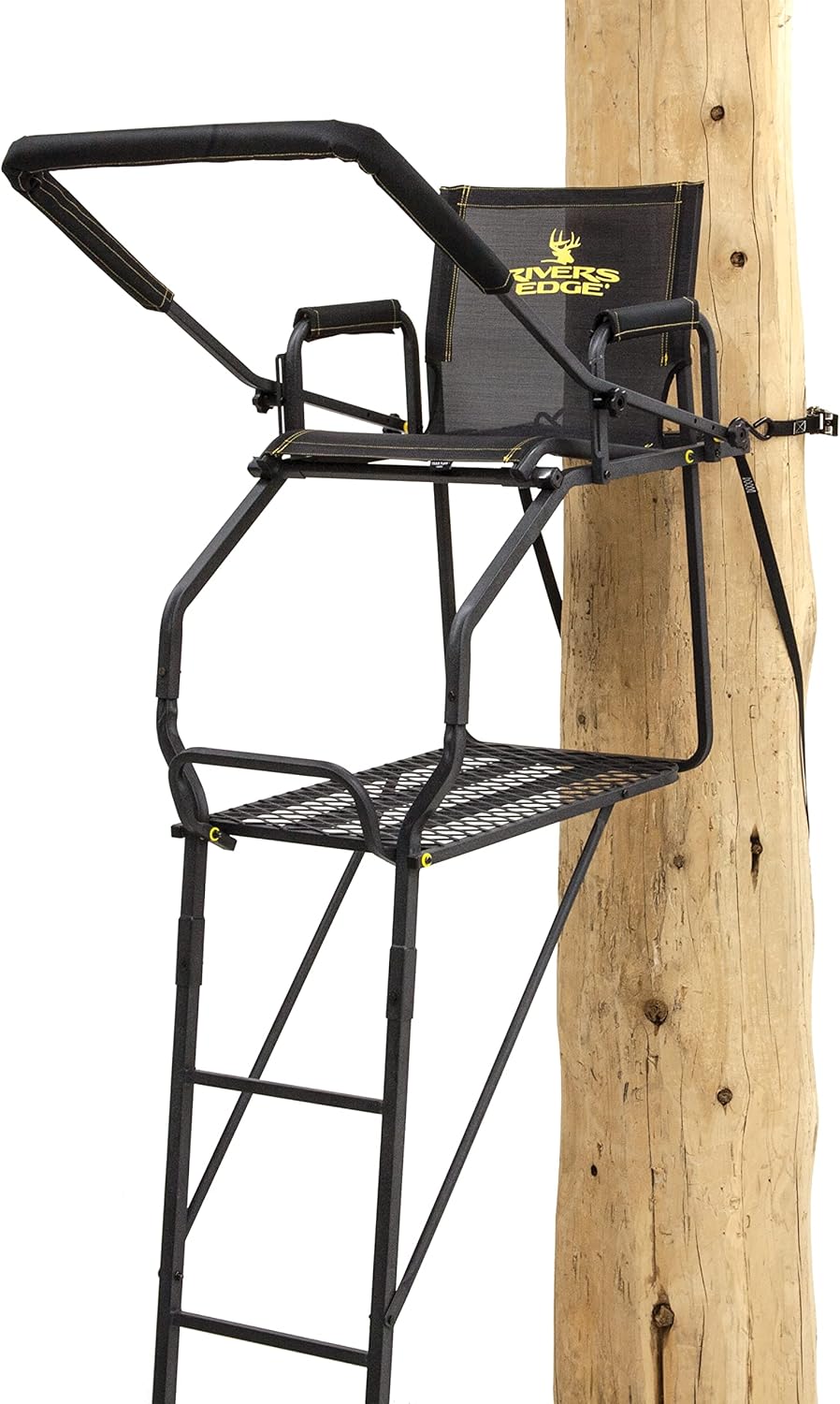Rivers Edge RE656 Retreat 1-Man Ladder Stand, 17’11” Height, Flip-Up TearTuff Mesh Seat, 27” Deep Platform, 2-Way Adjustable Shooting Rail