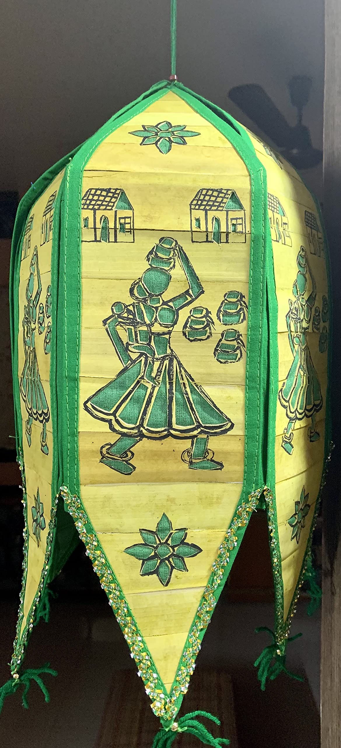 Free Hanging Hexagonal Dome Shape Foldable Palm Leaf Décor Item from Pipli Odisha (Village Woman, Green)