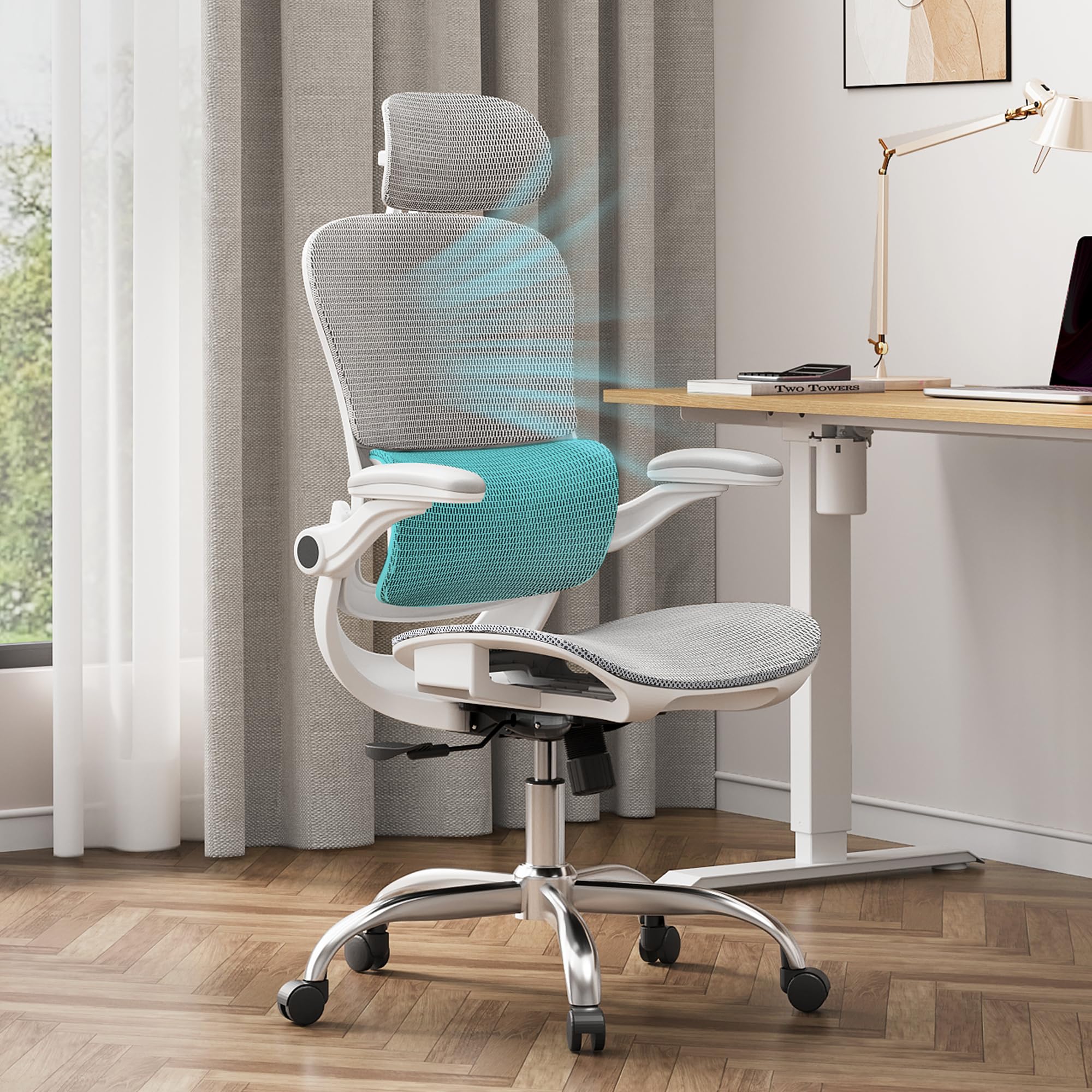DEVAISE Chaise de Bureau Ergonomique, Fauteuil de Bureau avec Dossier Segmenté, Fauteuil de Bureau Grande en Maille Respirante, Support Lombaire & Appuie-tête réglable, Accoudoirs 3D, Blanc