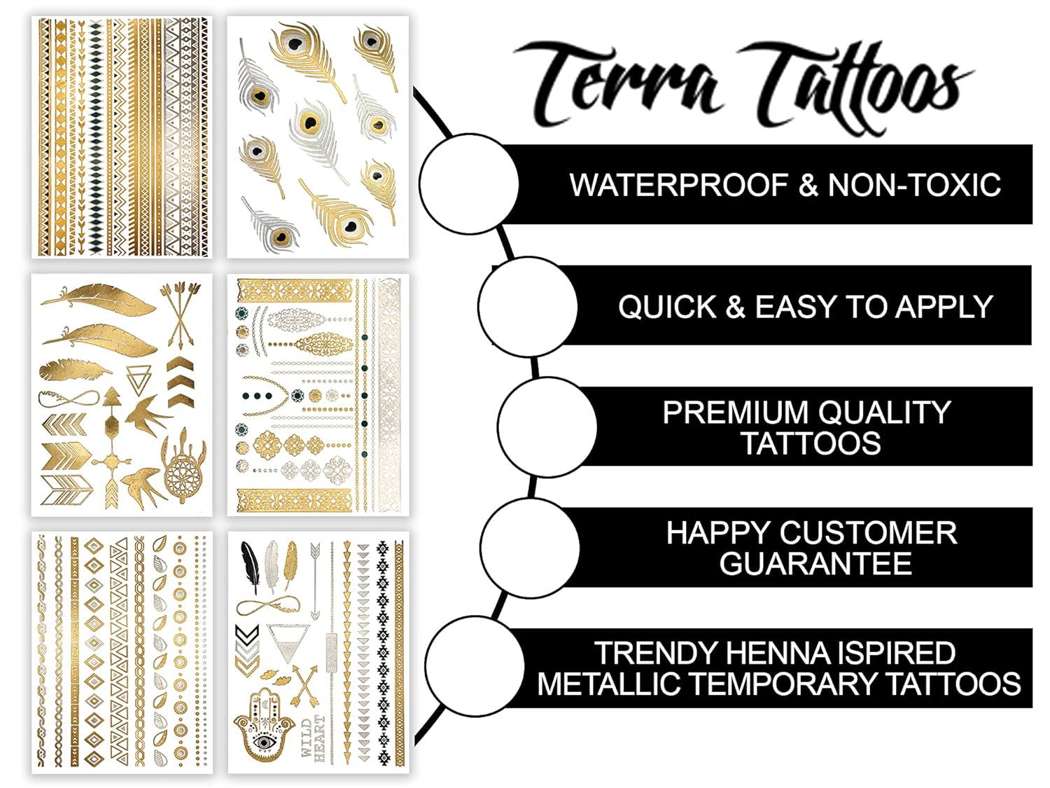 Terra Tattoos Metallic Gold Henna Temporary Tats 75+ Mandala Tattoos Feathers, Dream Catcher, Arrows Waterproof Nontoxic Long Lasting for Beach, Festivals, & Parties : Beauty & Personal Care