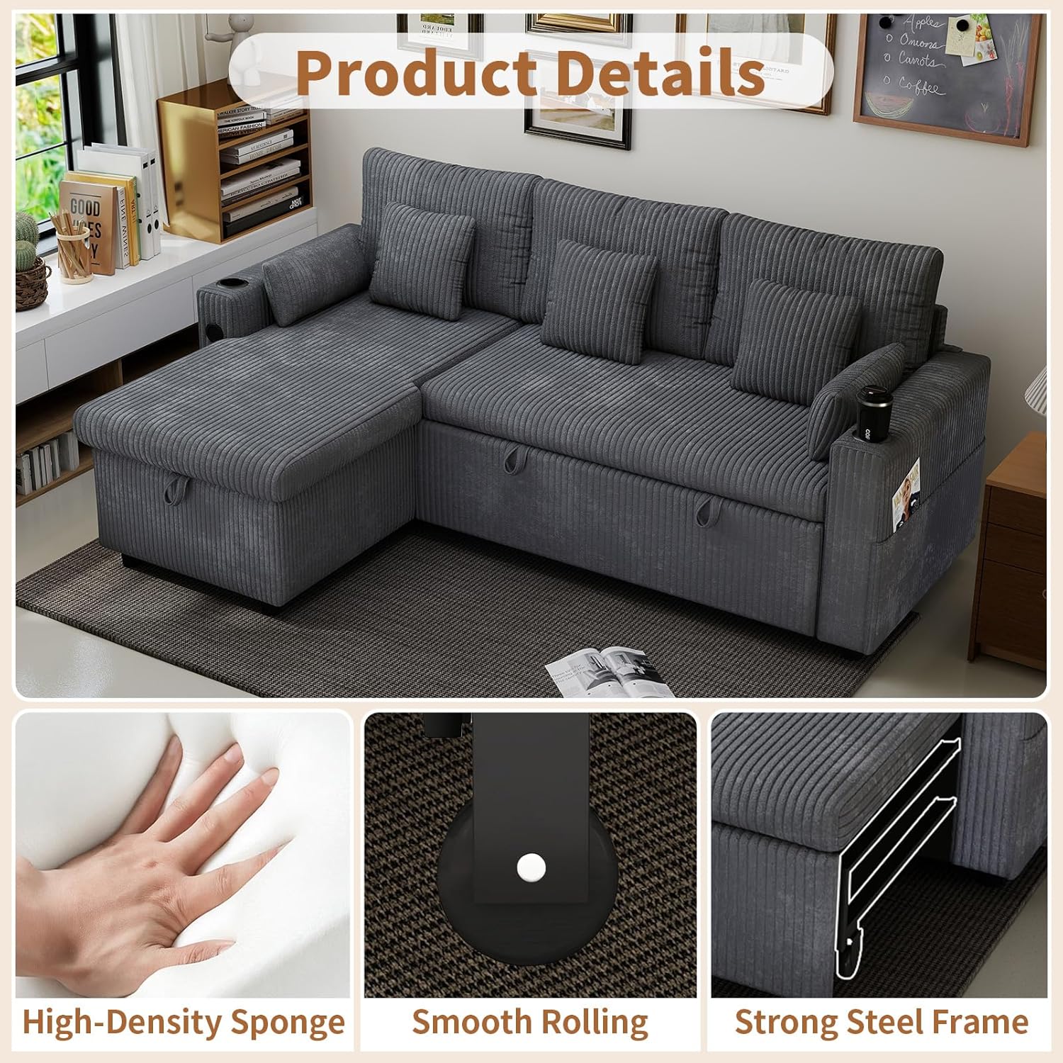 L Shaped Couch with Pull Out Bed, 3-in-1 Sofa Bed with Reversible Storage Chaise, Charging Station and Cup Holder, 3-Seater Corduroy Pull Out Couch for Living Room (Grey)