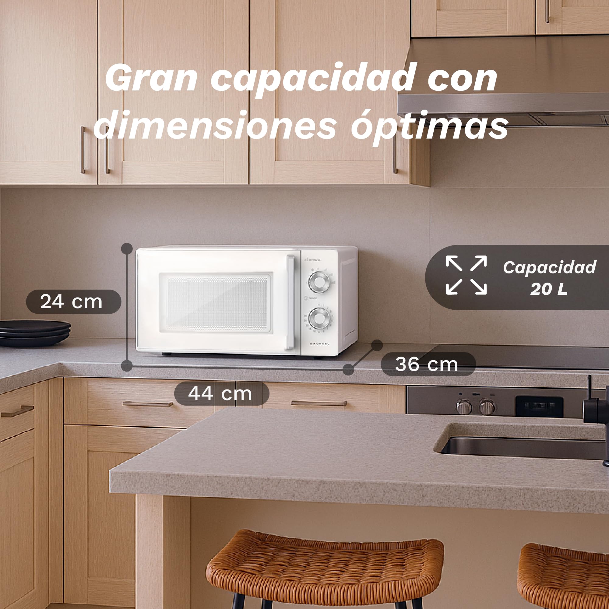 Grunkel Microondas con grill de 20 Litros, 700W + 900W Grill 5-6 Niveles de Potencia, 3 Modos Combinados, Temporizador 30 min Apertura con Tirador y Bandeja Ø245 mm