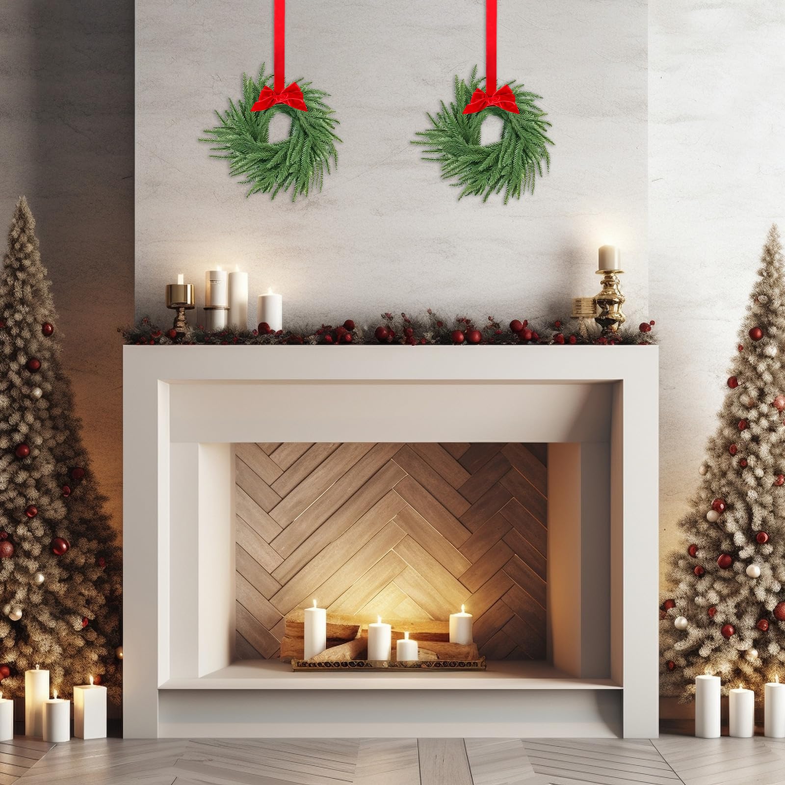 Paquete de 8 coronas pequeñas de Navidad Norfolk de 7.8 pulgadas para armarios de cocina con cinta de lazo de pino de Norfolk de tacto real, decoración colgante para ventana de Navidad, puerta