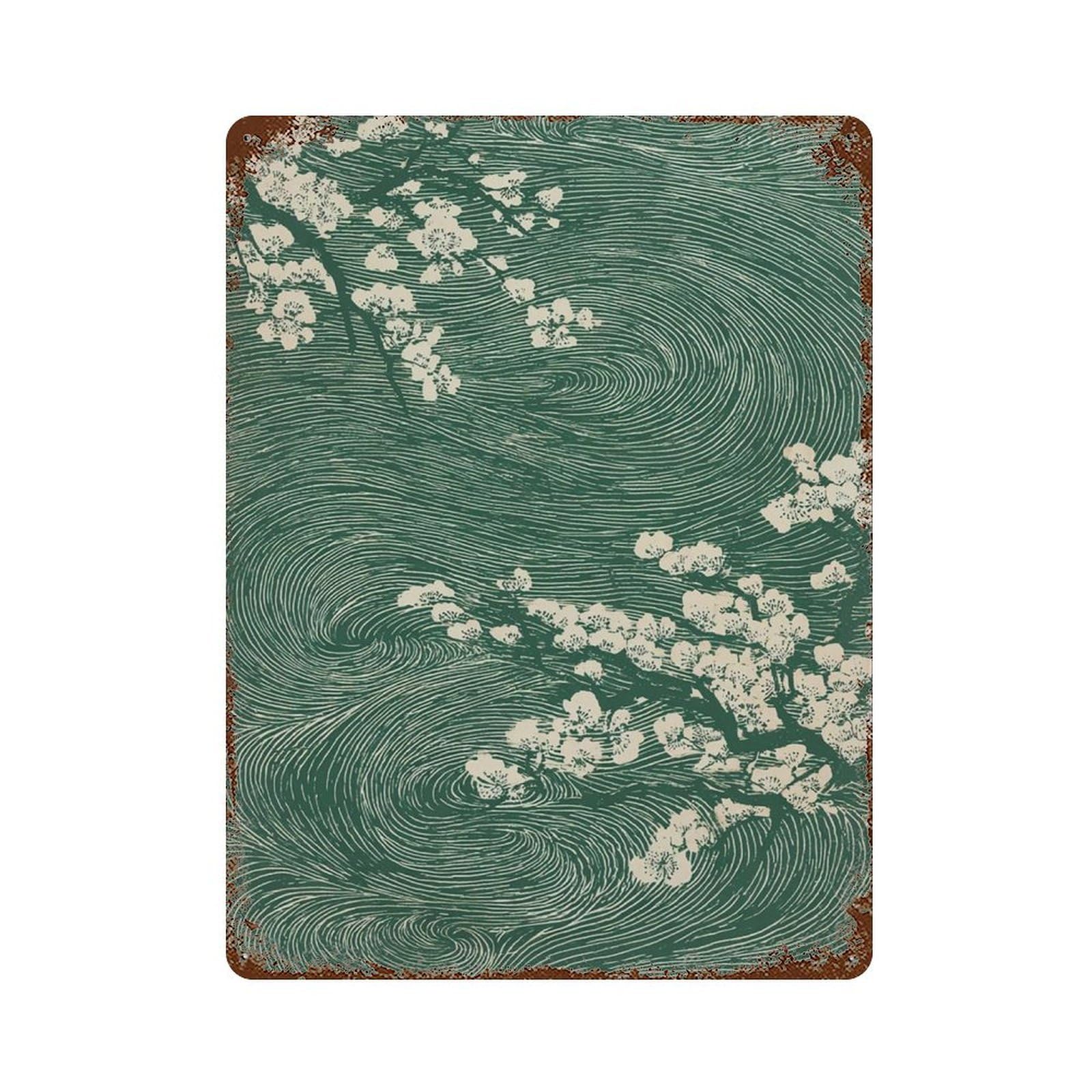 xiaoxiaoshen Green Japanese Cherry Blossom Abstract Wind Swirl Sakura Ukiyo Wall Decor Art Metal Tin Poster Modern Home Decor Art Home Bar Shop Decorations Vintage Sign 40x30cm