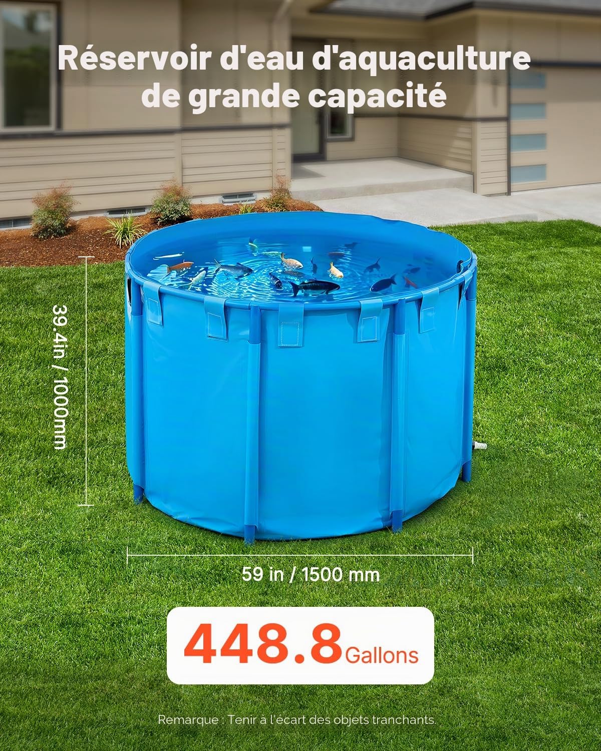 VEVOR Bassin à Poissons Hors Sol, Capacité 1700 L, Étang à Poissons en Toile PVC, avec Cadre Stable en Plastique et Vanne de Vidange, pour Aquaculture, Élevage de Poissons Rouges, Carpes, Koïs, Bleu