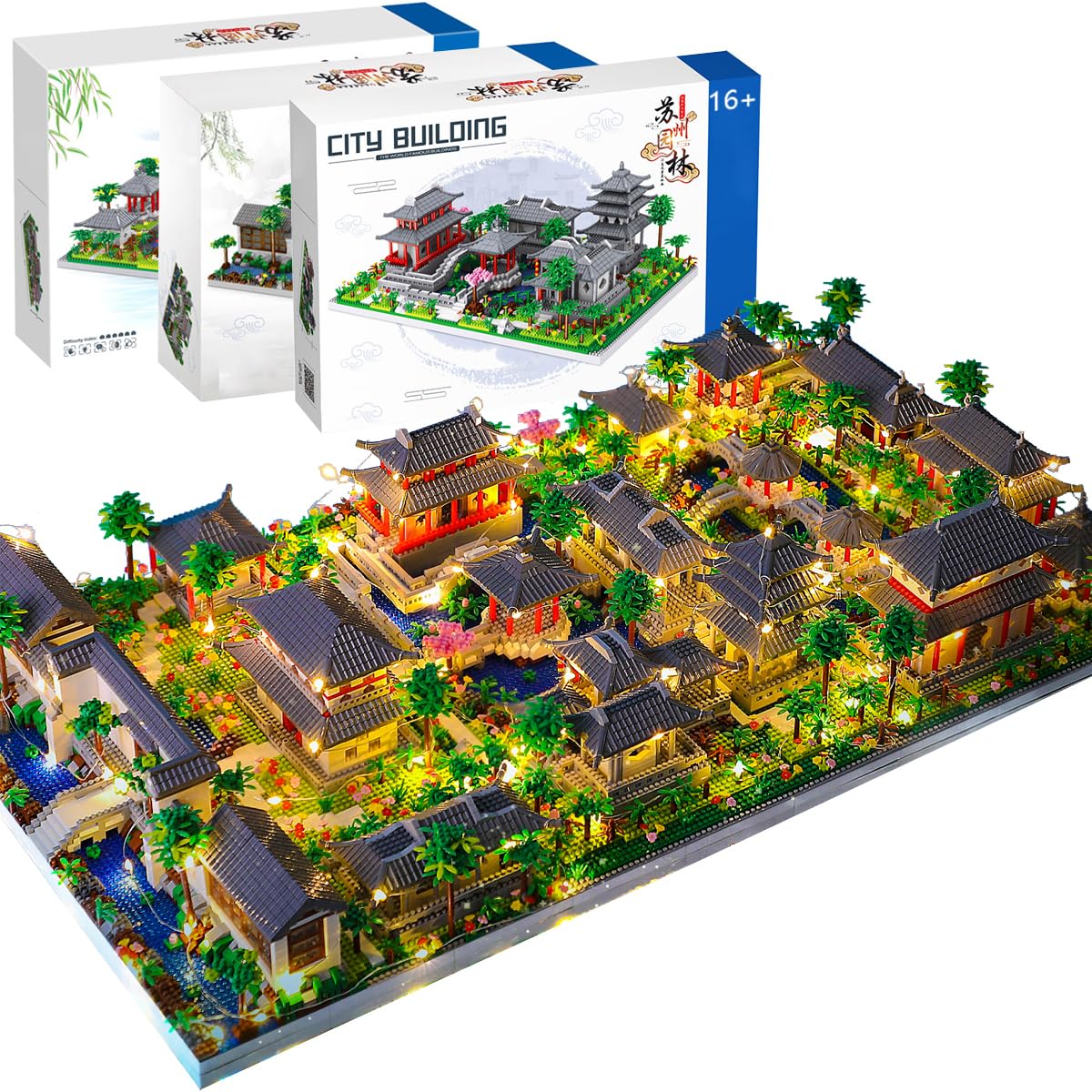 Garden Chinese Style Architecture Nano Mini Building Model, Micro Block Toy High Challenge Chinese Style Suzhou Garden Model, Mini Nano Bricks Modular Construction(Mit Lichtern)