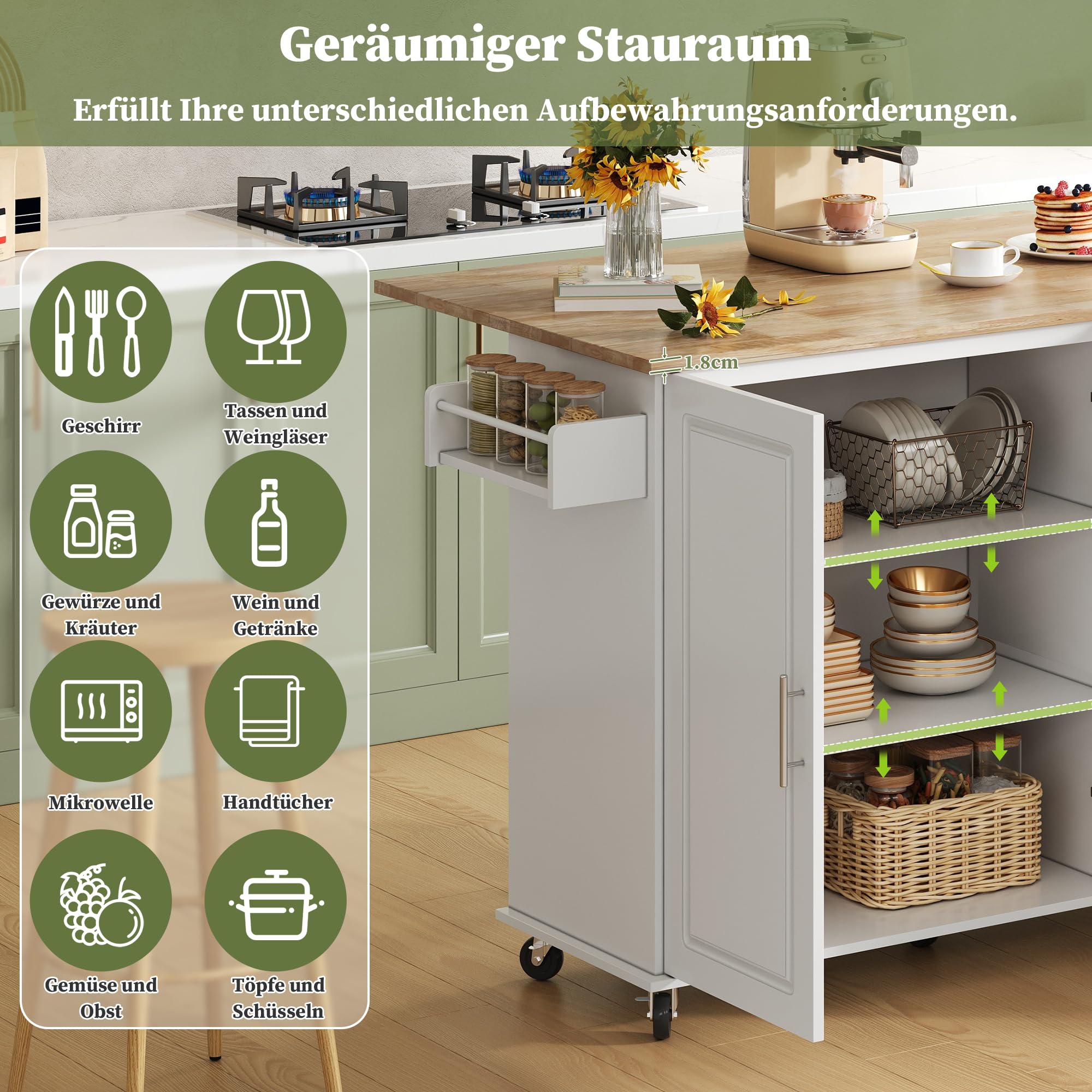 Merax Mobiler Küchentisch Kücheninsel auf Rädern mit klappbarer Eichenholz-Arbeitsplatte, Multifunktionaler Schrank, 5 Räder, für Küche, Esszimmer und Zuhause, 137 x 43(76) x 92 cm,Weiß