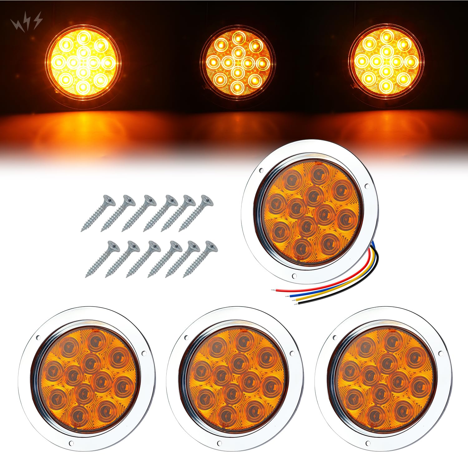 TMH (4 Pack 4 Inch Amber LED Strobe Trailer Tail Lights, 12 LED Flush Mount, Chrome Bezel, Waterproof, Solid & Flashing Strobe Light, 12V for Truck,