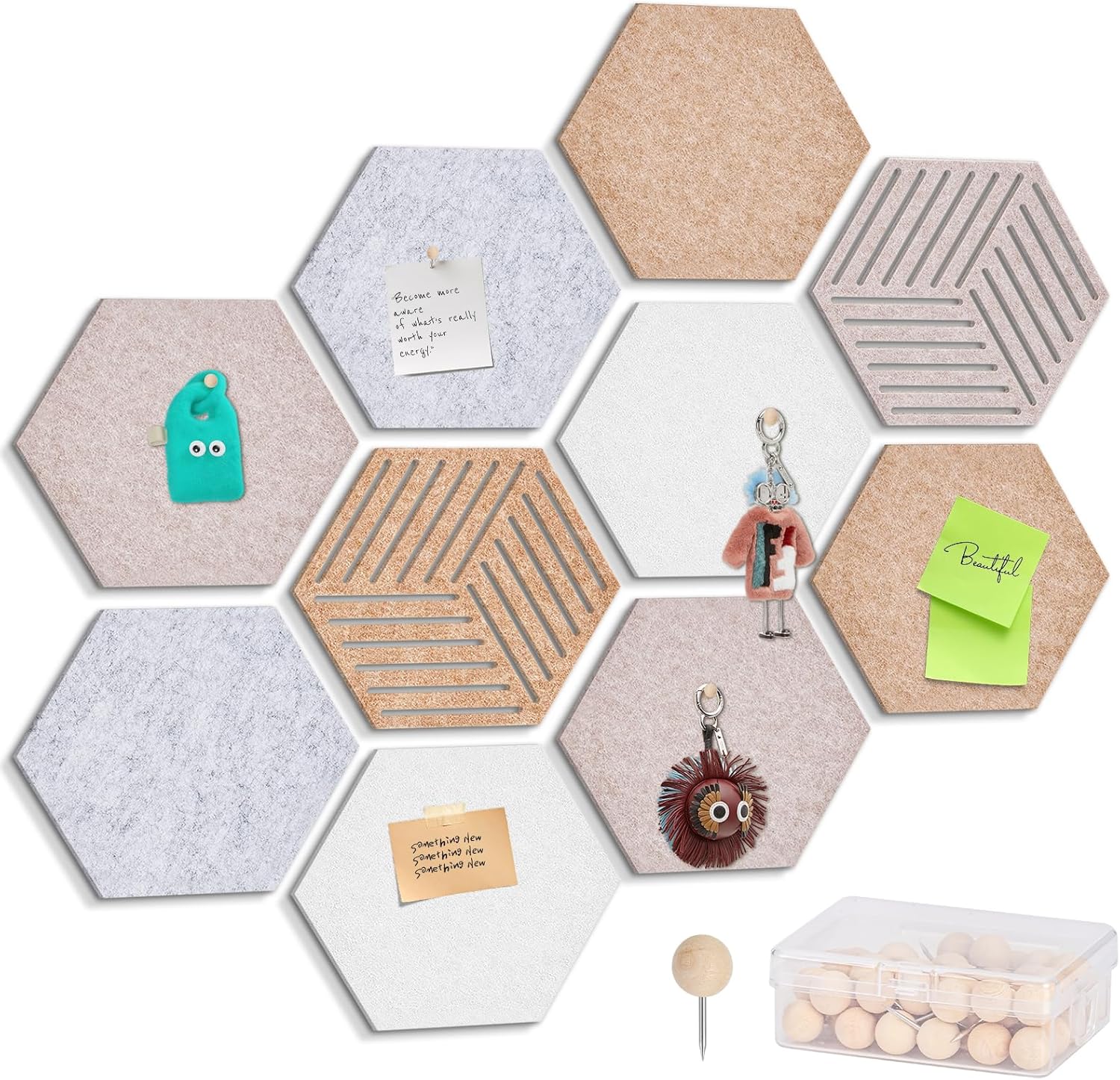 Hexagon Cork Board Tiles 10 Pack 12'' x 10'' Felt Cork Bulletin Boards Tiles for Walls, Hexagon Small Cork Boards with 50 Wooden Push Pins, for Office Home Photos DIY Classroom Decor