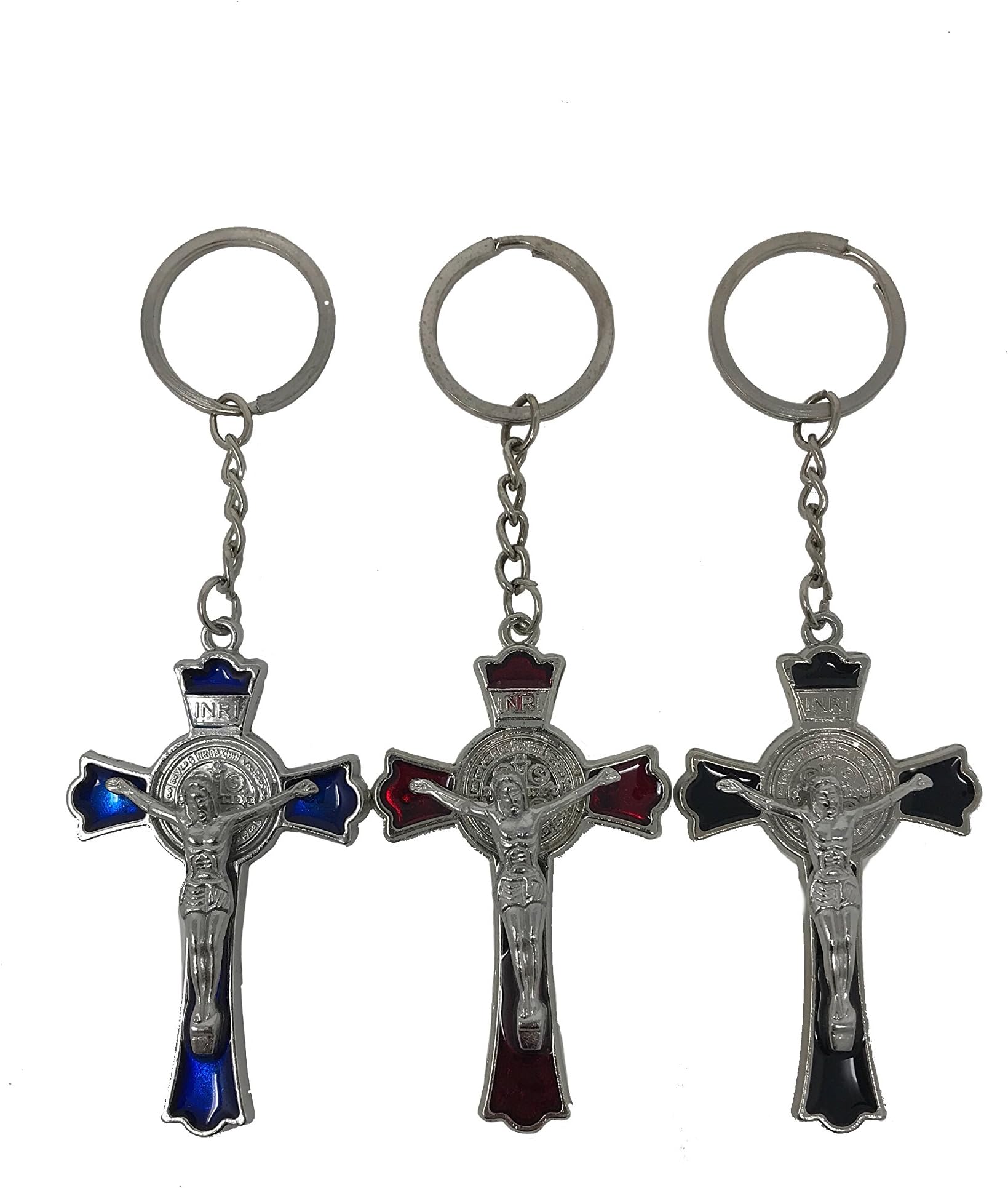 3" Cross Crucifix Jesus God Catholic KeyChain Ring Pendant 3pc, Blue Black Red