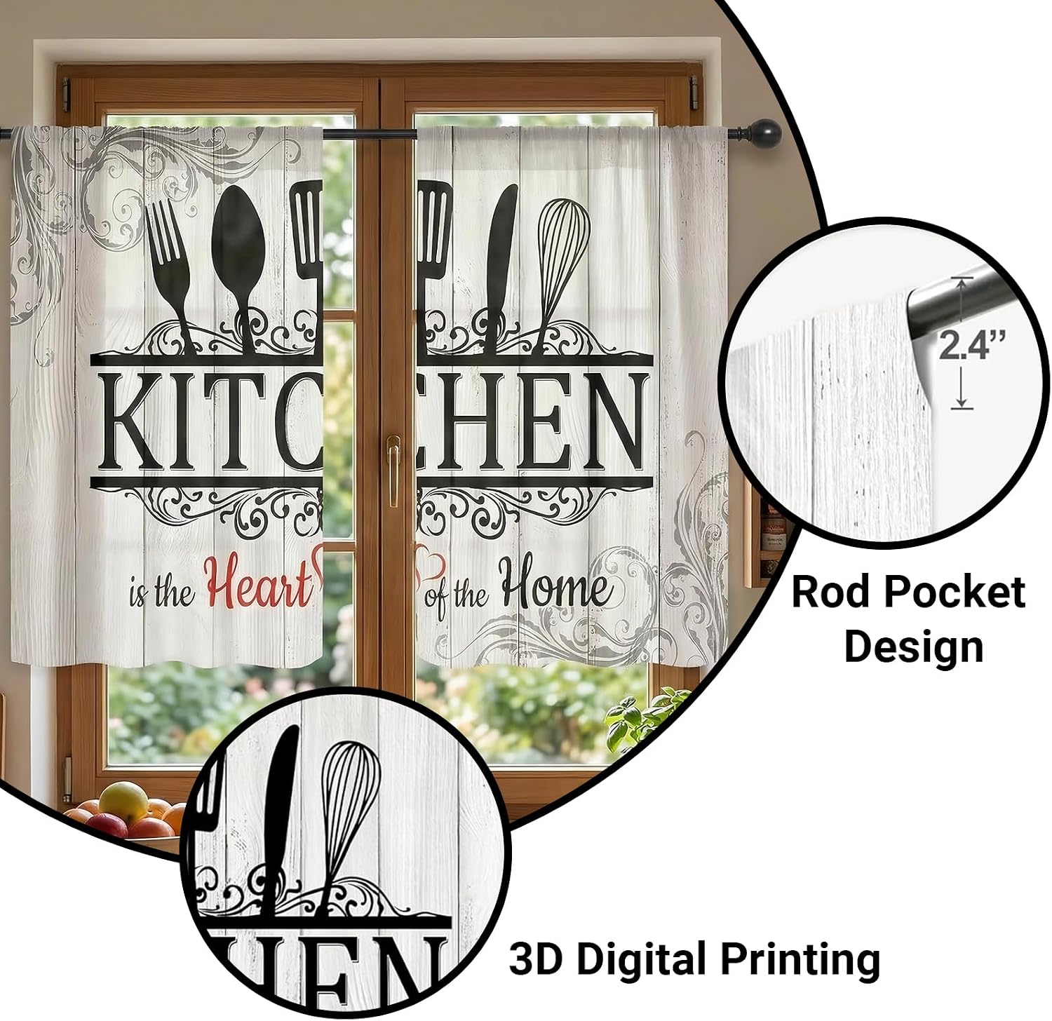 Kitchen Curtains Sets for Windows - 2 Panels 55x39 Inch Rustic Farmhouse Letter Pattern Kitchen Window Curtains, Rod Pocket Country Short Small Cafe Window Curtains Drapes Treatment(A-White)