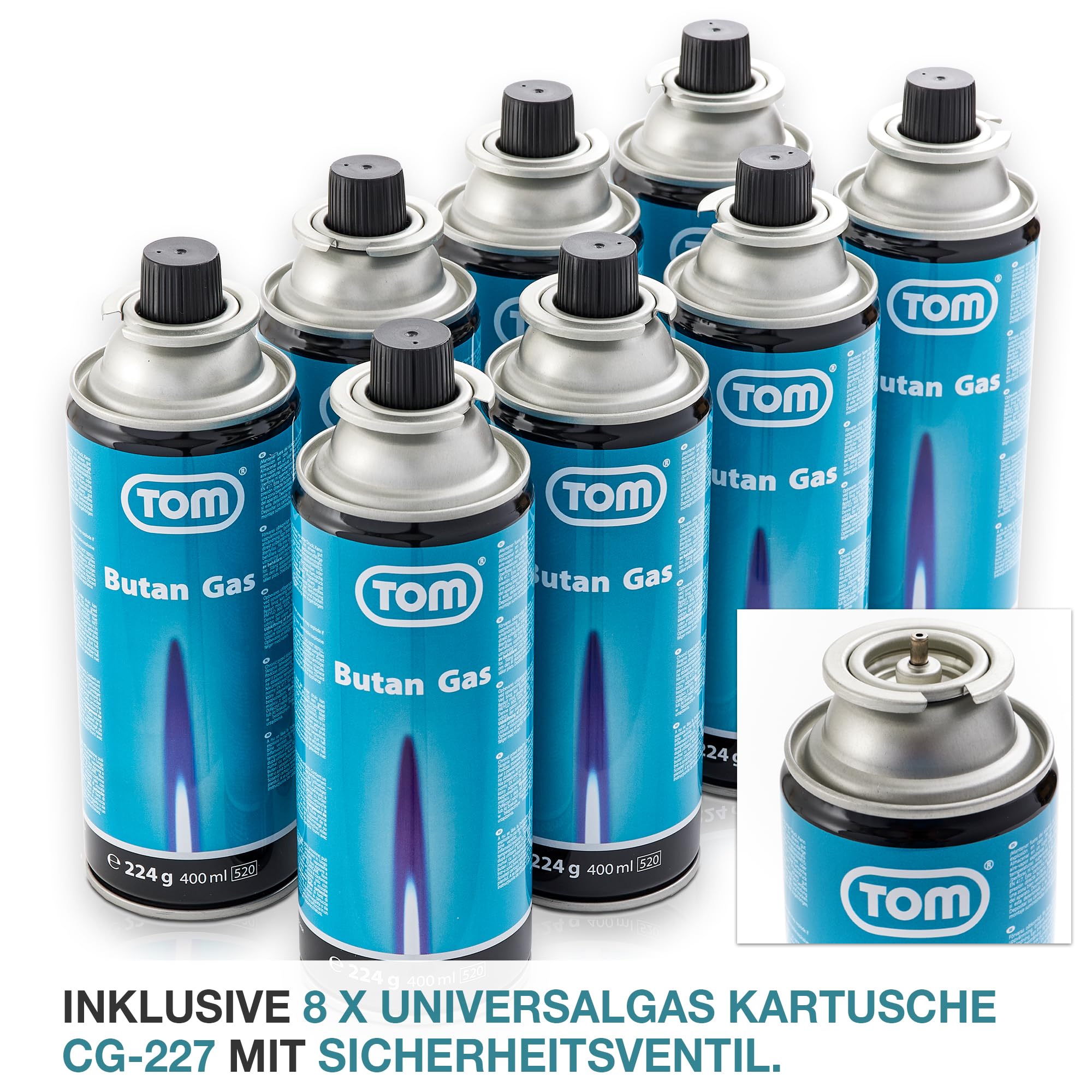 TOM Gas Unkrautbrenner Set + 8 x 400 ml Universal Gasflasche mit Schraubgewinde – Abflämmgerät ideal zur Unkrautvernichtung auf Pflastersteinen, Gehwege, Pflasterfugen
