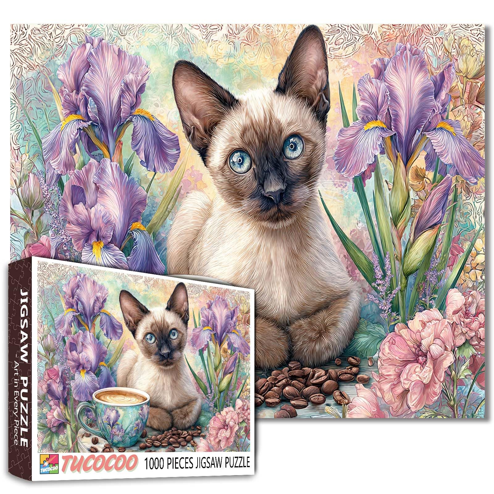 Cat Coffee Challenging Jigsaw Puzzle for Adults 1000 Piece Iris L. Floral Siamese Kitten with Blue Eyes in Garden Scene Relaxing Puzzles for Women Men Family Game Night Puzzle Gift for Cat Lovers