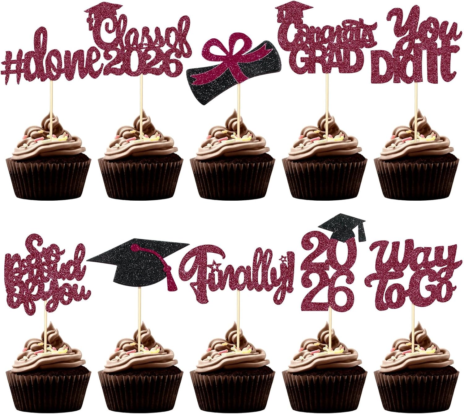 FoldTier Graduation Decorations 2026 100 Pcs Graduation Cupcake Toppers Congrats Grad Class of 2026 Cupcake Picks Toppers Diploma Supplies for Party Decorations(Maroon)